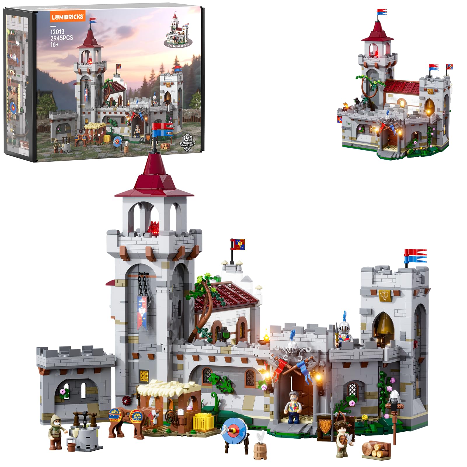 Lumibricks Medieval Guard Post Building Set, 2945 Pieces Modular Castle Barracks with LED Lights, Soldier Training Camp with Watchtower, Stable & Secret Passages, Display Model & Gift for Adults