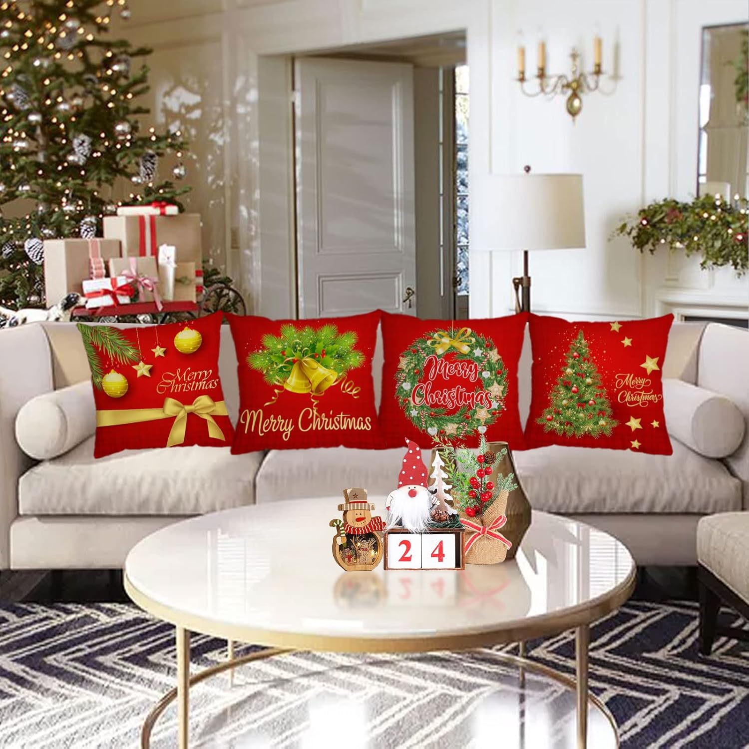 Merry Christmas Pillow Covers 24x24 Set of 4 Velvet Christmas Pillow Cases Red Green Xmas Winter Holiday Throw Pillow Covers Christmas Tree Cushion Covers for Outdoor Home Bed Sofa Couch(24 Inch)