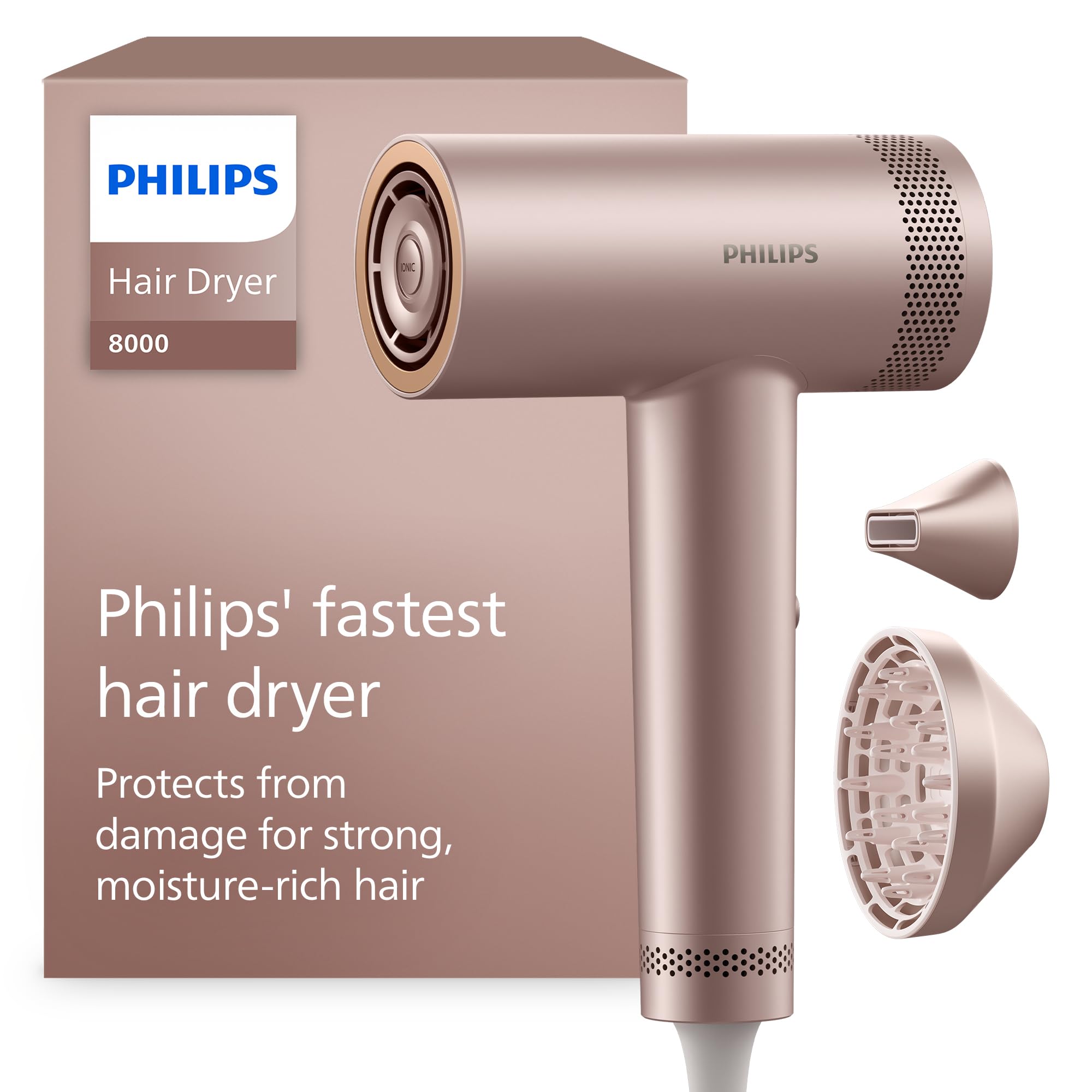Philips Sèche-cheveux Série 8000 – avec ThermoShield Advanced et moteur BLDC pour un séchage rapide et soin du cuir chevelu, 1400 W, rose champagne, avec concentrateur et diffuseur, modèle BHD837/10