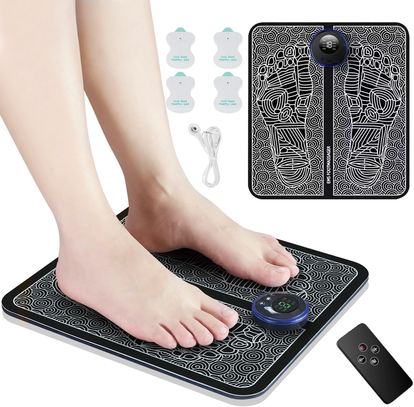 EMS Foot Massager for Neuropathy, TENS Foot Muscle Stimulator for Pain Relief Plantar Fasciitis, LCD Electric Feet Massager with 4 Electrodes Pads, 8 Modes 19 Intensities with Remote