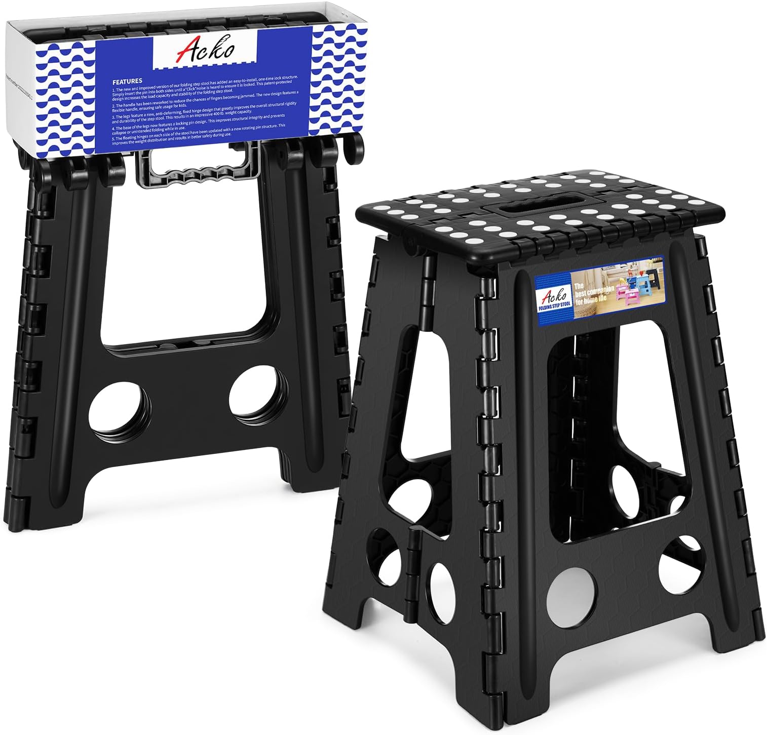 Acko Black 18 Inches Non Slip Folding Step Stool for Kids and Adults with Handle