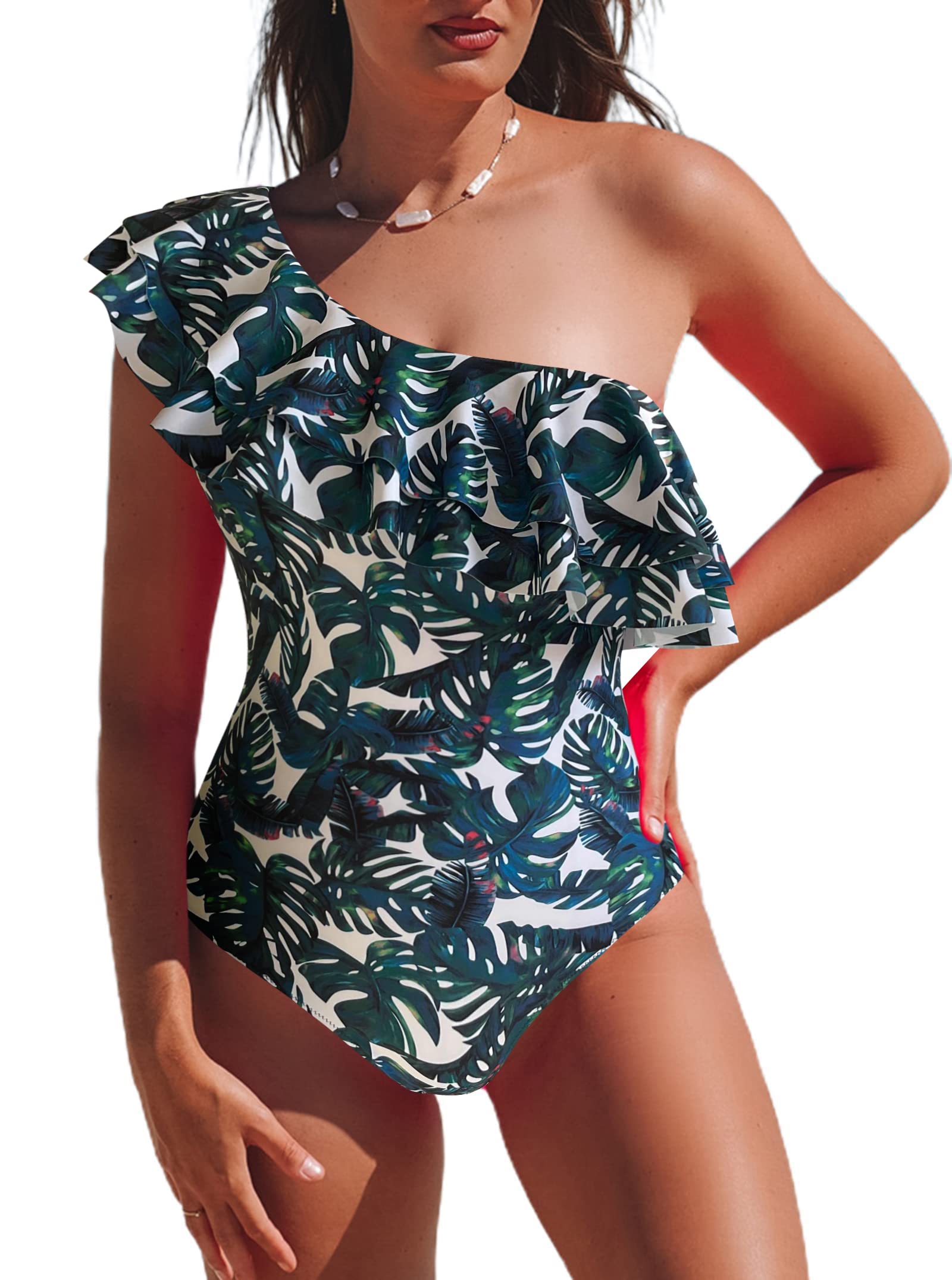 HilinkerWomen's One Piece Swimsuit One Shoulder Ruffle Monokinis Bathing Suit