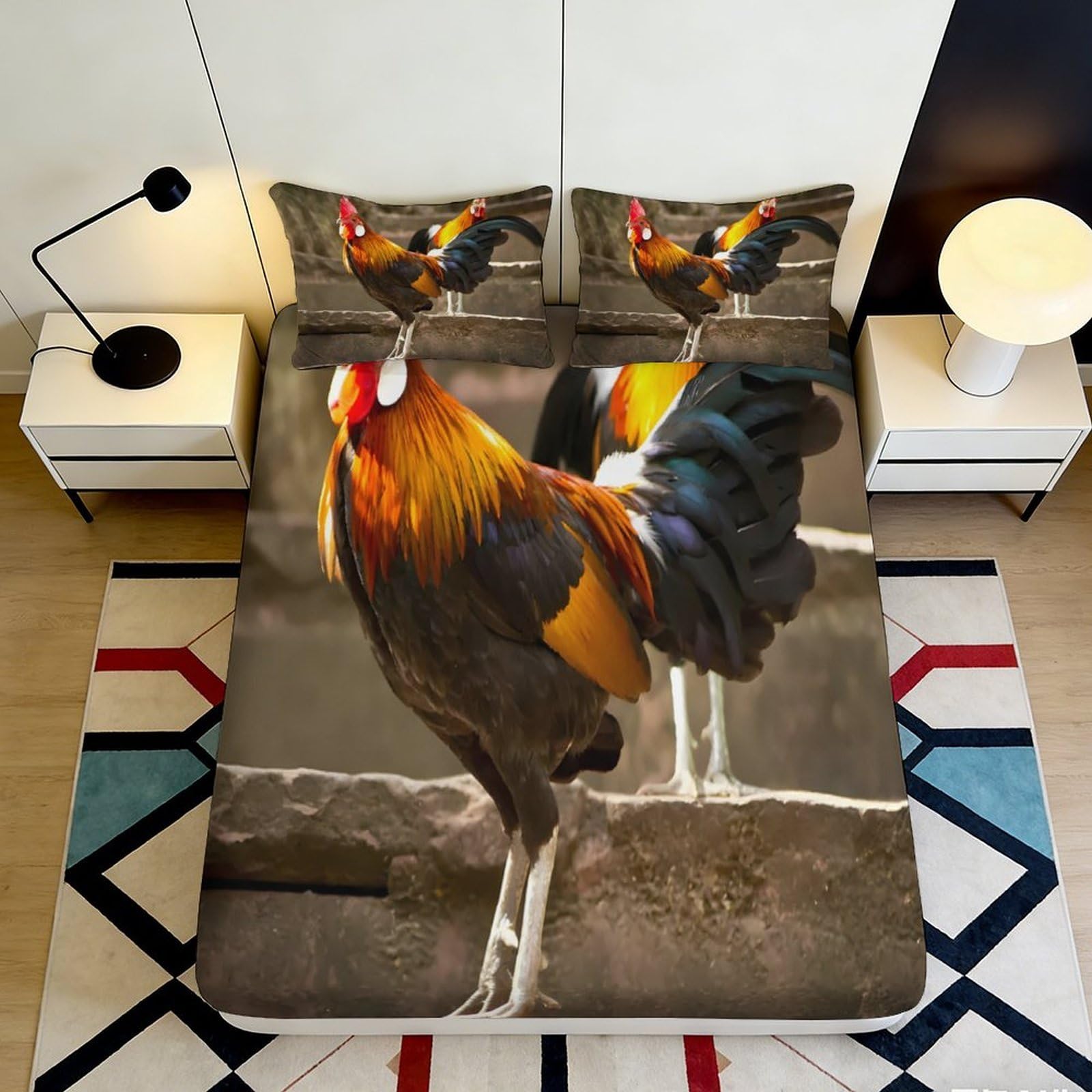 3D Printed Rooster Fitted Sheet Microfiber Soft Breathable Colorful Chicken Bed Cover for Bedroom Dormitory Guest Room Mattress Protection Decor 120x200x25cm