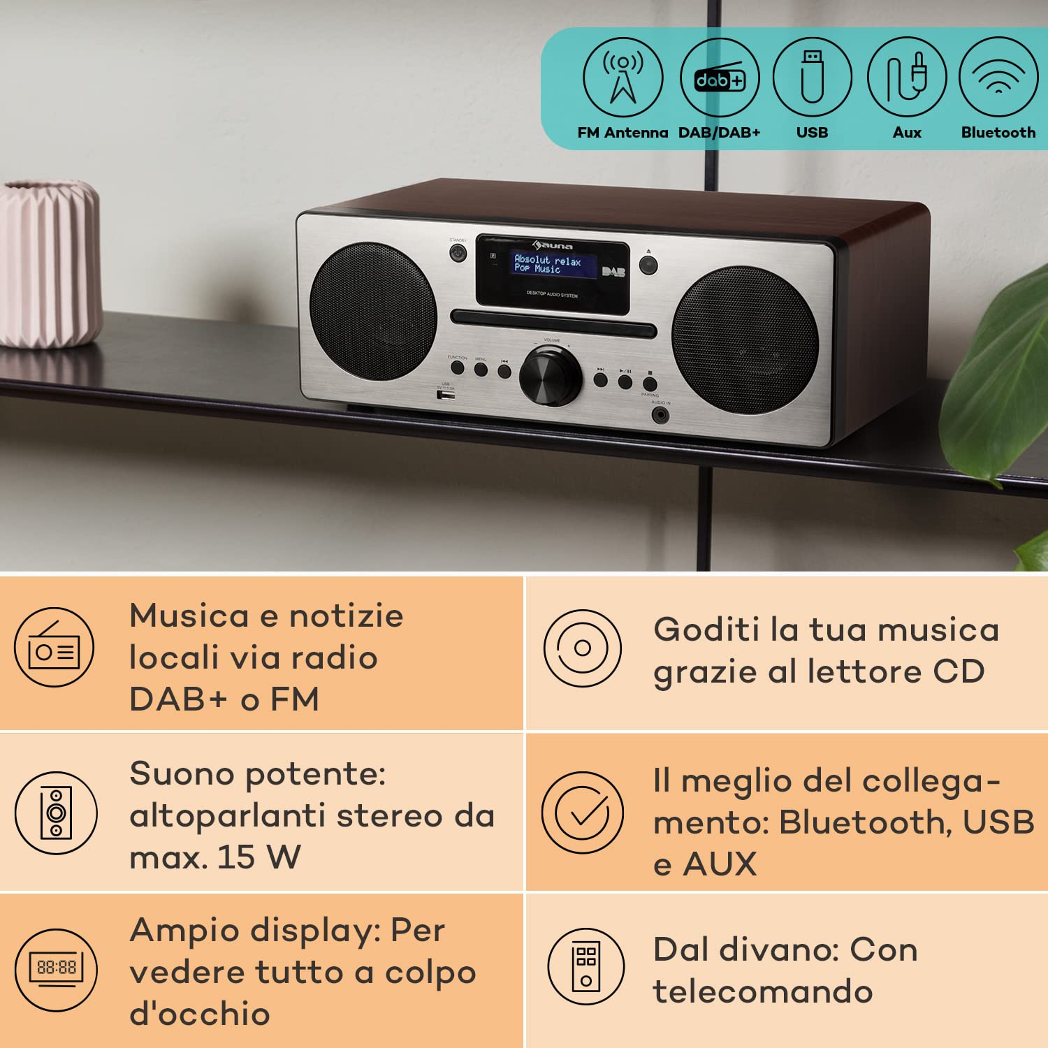 Auna Radio Portatile DAB+ Bluetooth CD FM/DAB Sistema Stereo AUX Display LCD Telecomando Sveglia MP3 Porta USB Vintage Legno 15W