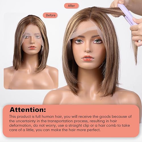Miniatura 7 de Pelucas rubias con reflejos estilo Bob para mujer, longitud al hombro, peluca de encaje de cabello humano con raíces oscuras