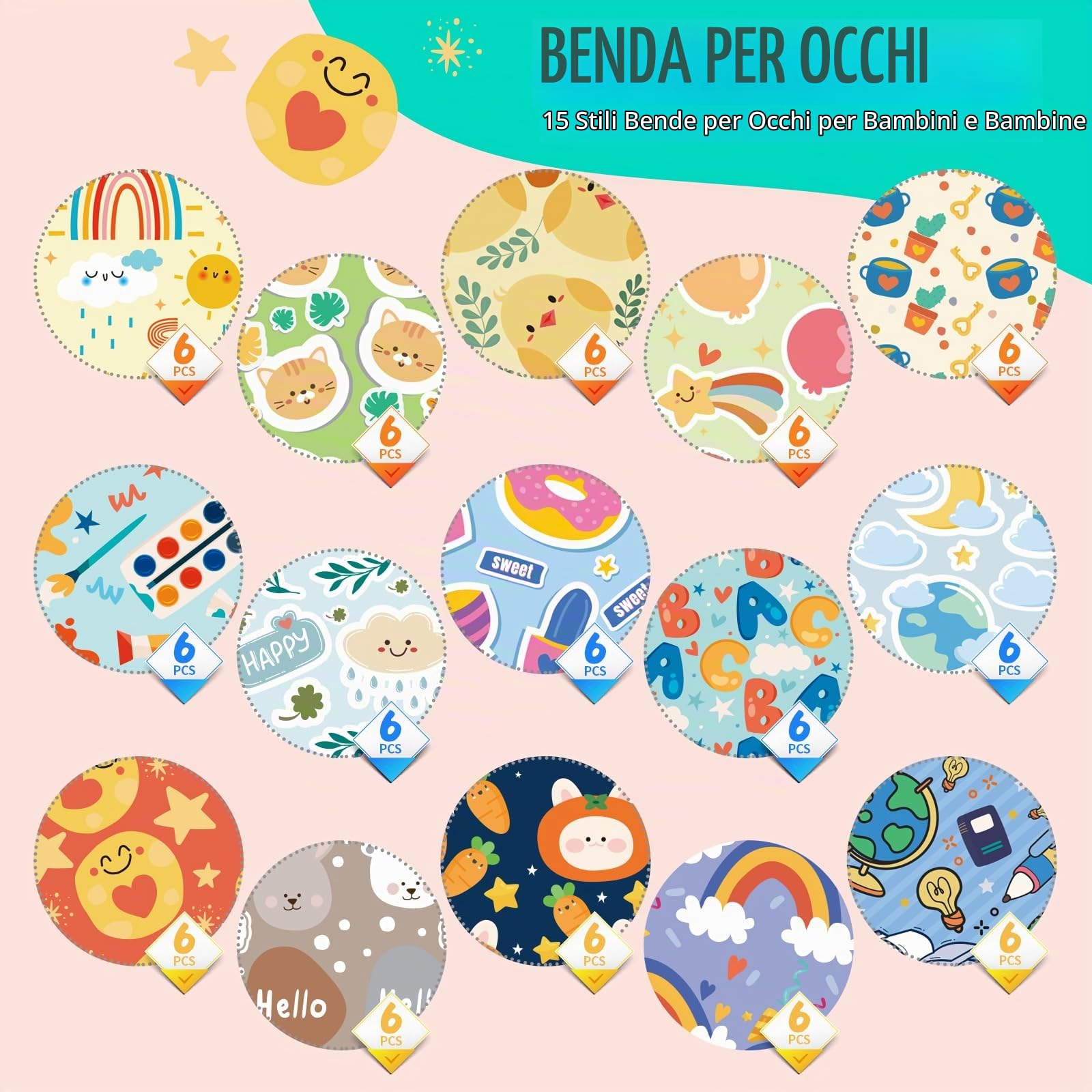sdroceRyaM 90 pezzi, 15 modelli di cerotti adesivi per bambini, oscuranti e traspiranti, con motivi cartoon Cerotti per gli occhi Benda non tessuta per bambini con occhio pigro