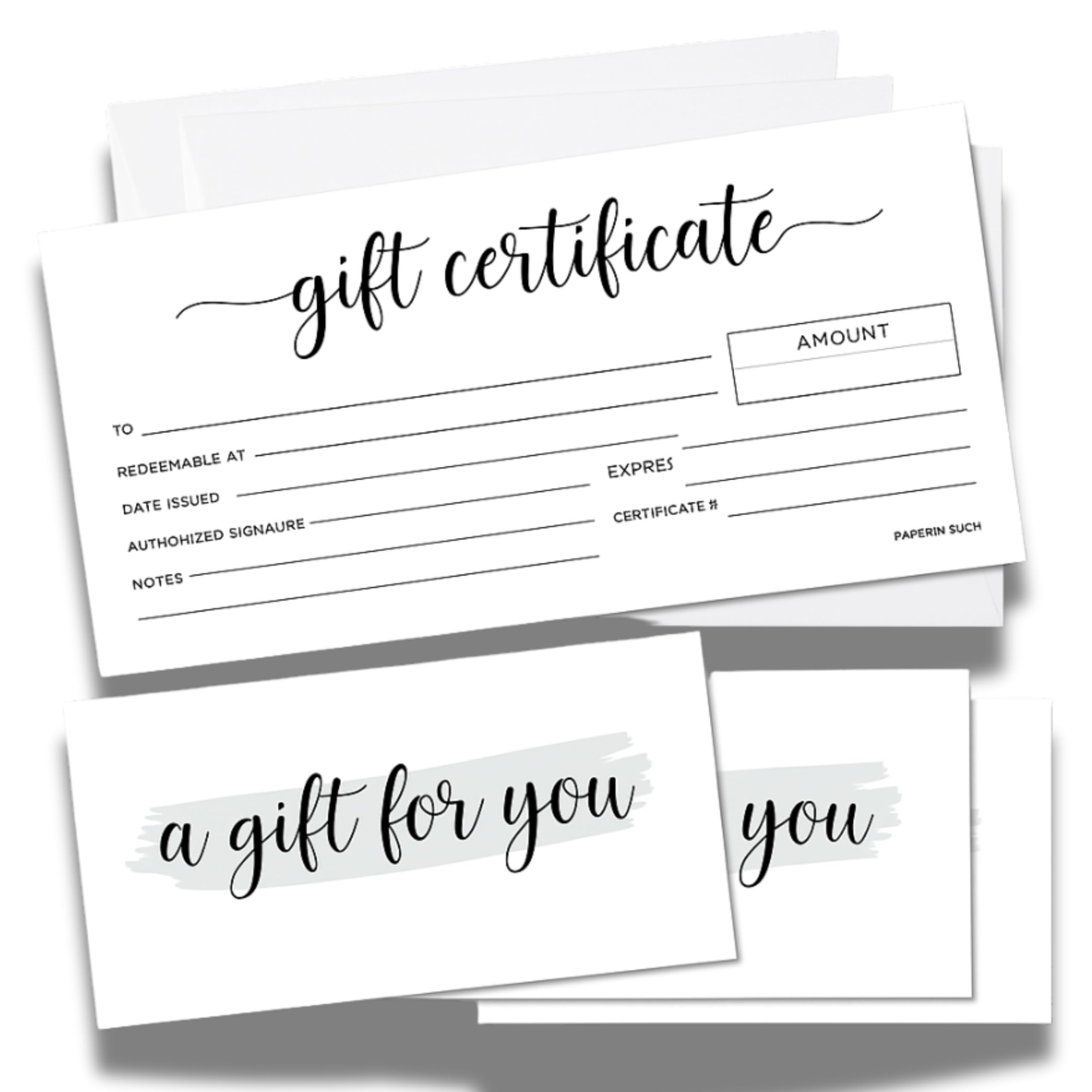 Paper 'n Such Gift Certificates for Business - Set of 25 with Envelopes -Spa, Salon, Restaurants, Custom Client Vouchers for Birthday,