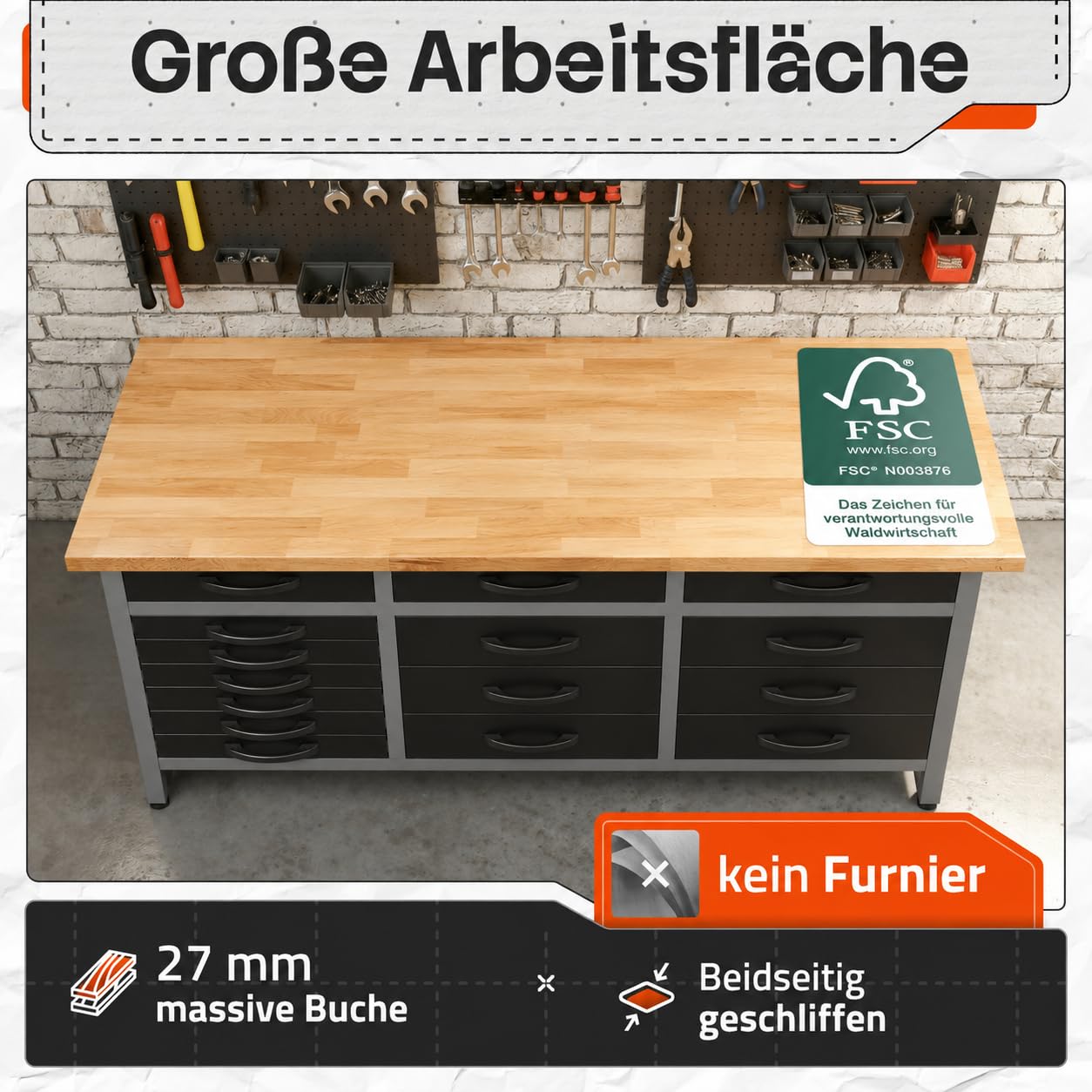 Ondis24 Werkbank Konny Werktisch 15 Schubladen 160x60x85 cm bis 450kg | Buchenholzarbeitsplatte , Metall bis 450kg belastbar