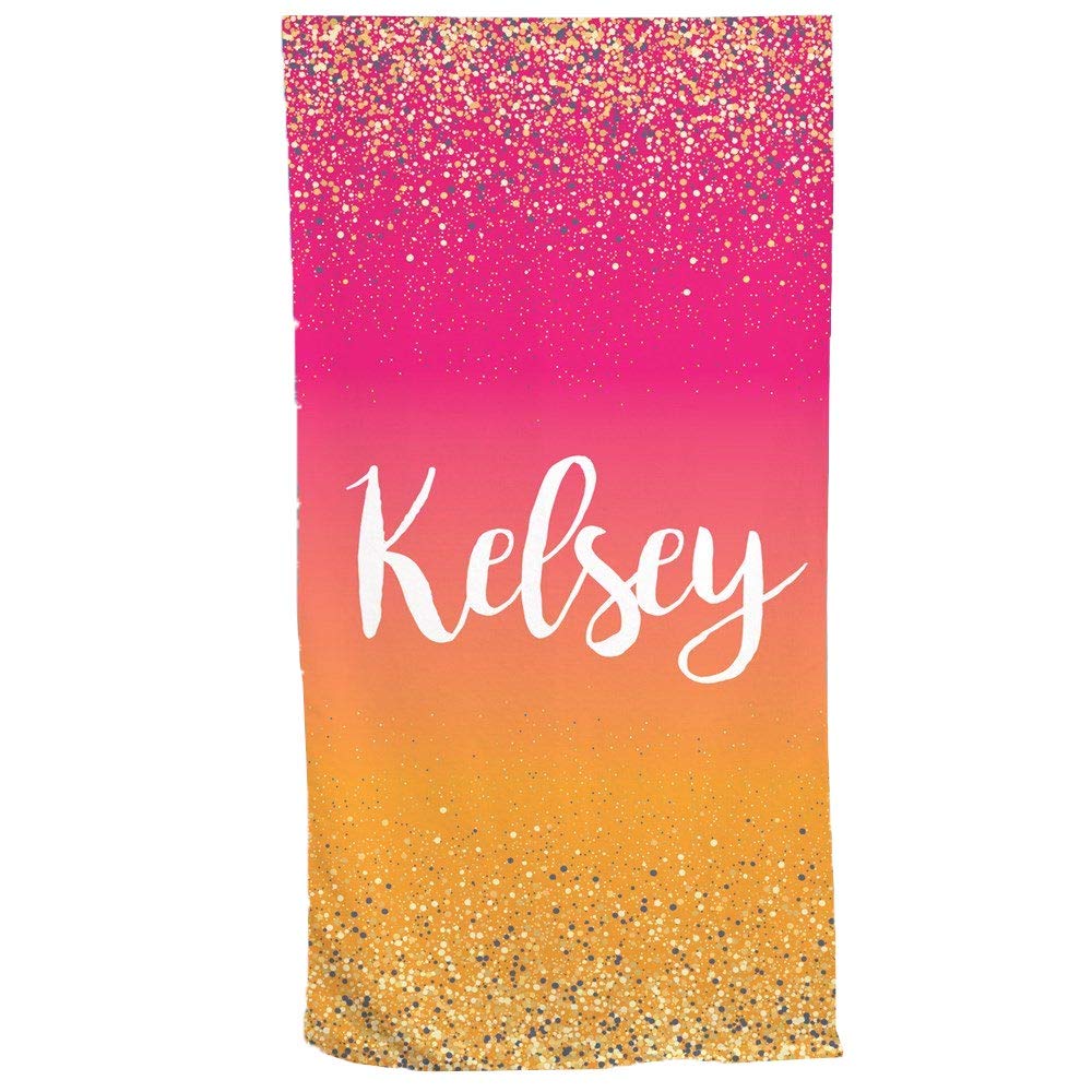 GiftsForYouNow Gradient and Glitter Personalized Beach Towel, Personalized Colorful Beach Towel, Customized Beach Towel, Cute Beach Towel, Orange, Pink