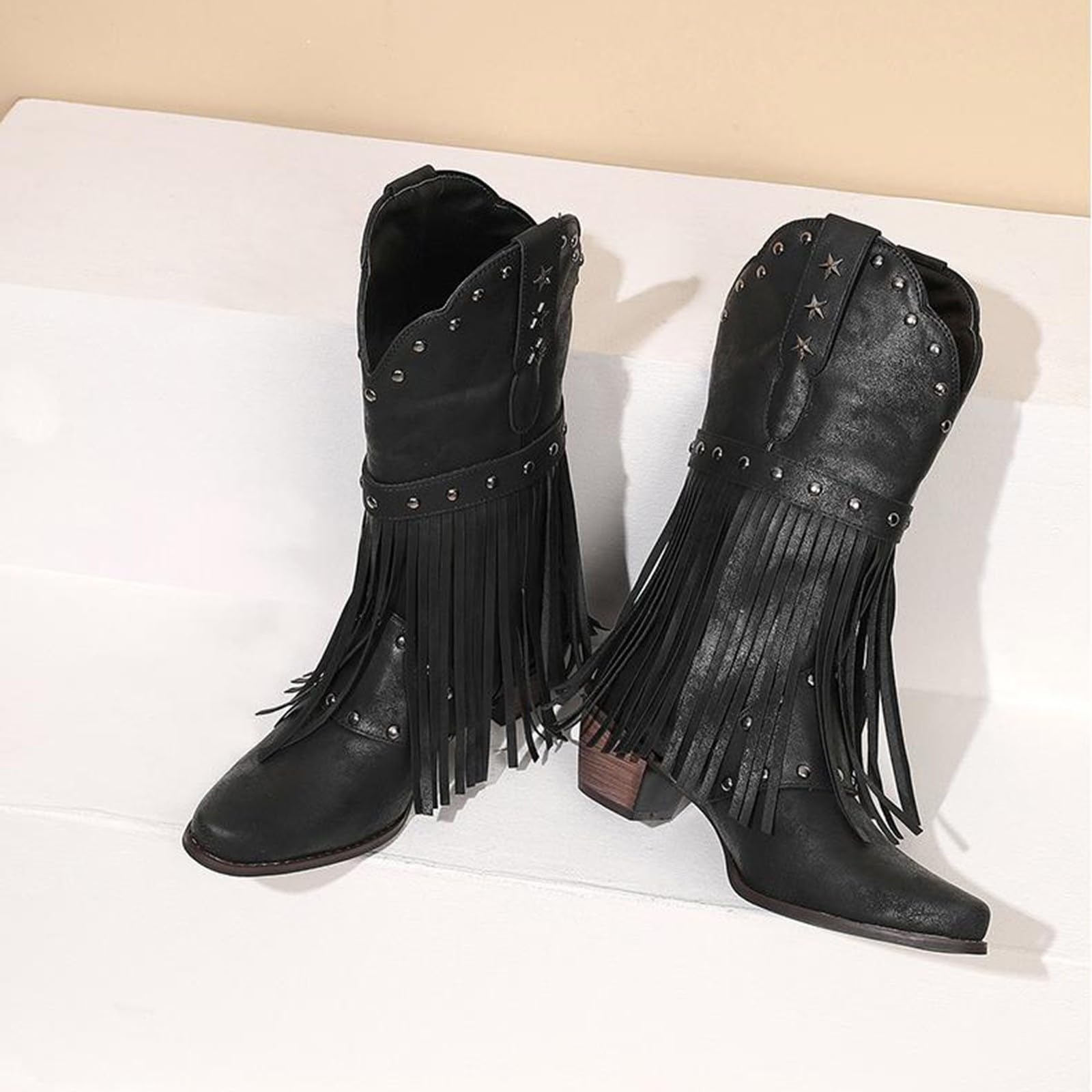Stivali da donna, stile country frangia, stivaletti a punta, stivaletti, tacco quadrato, scarpe larghe, stivaletti con cinturino di fibbia, stivaletti da donna scamosciato, tacco a blocco, taglia