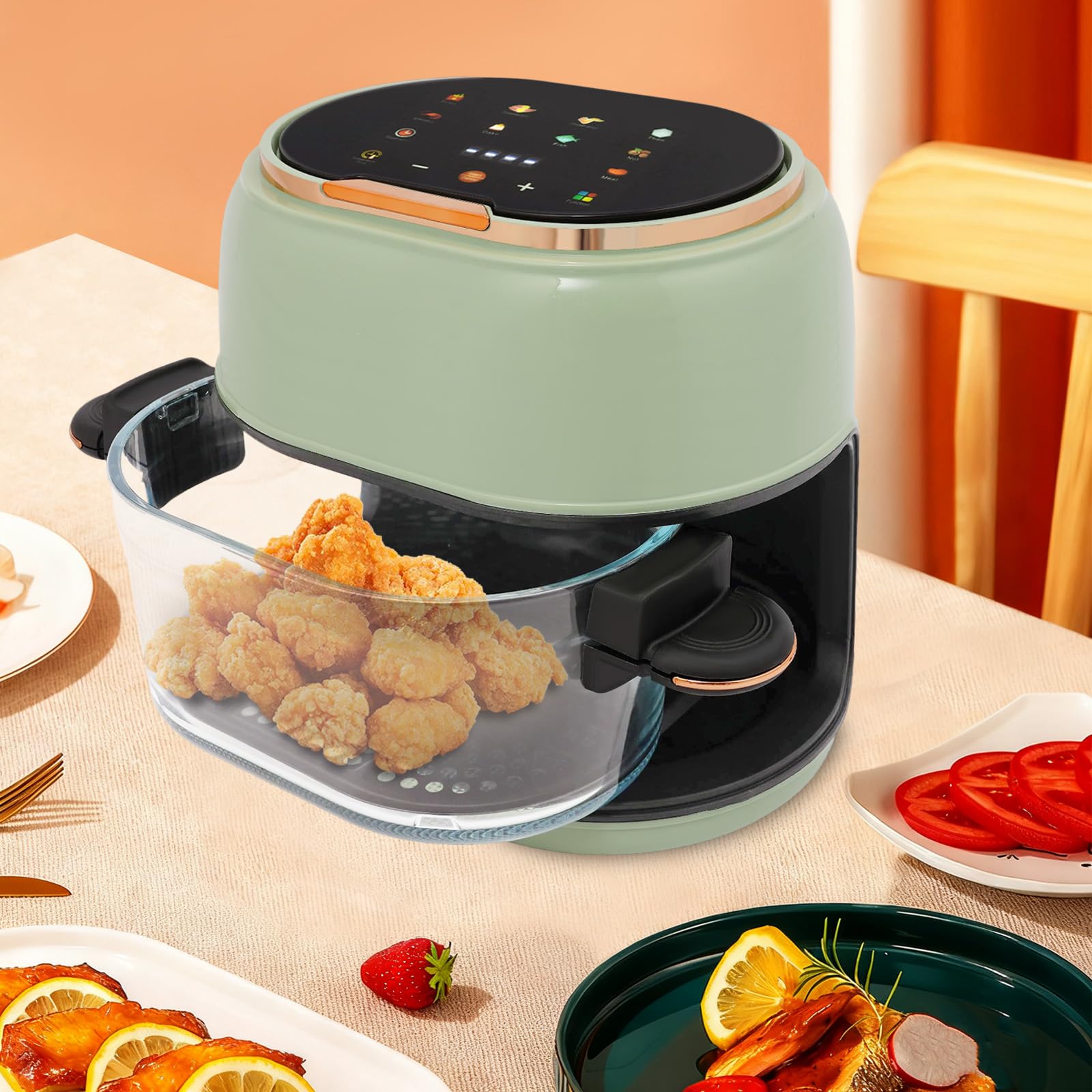Friggitrice ad aria calda intelligente 4L 1350W Airfryer senza olio con finestra di visualizzazione, touchscreen, timer e regolazione della temperatura 80-190℃, per 2-4 porzioni, cottura a basso