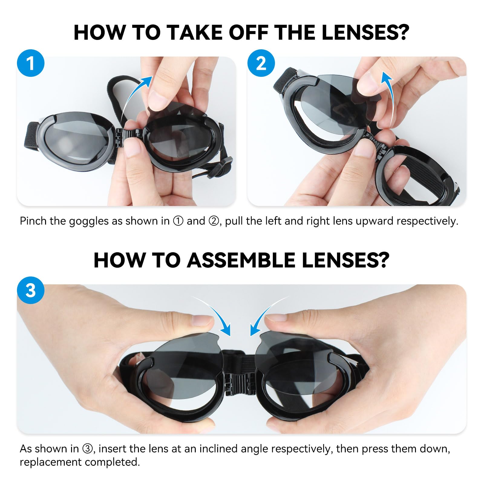 Lesypet Lunettes de soleil pour chien avec verres remplaçables pour chiens de taille moyenne et grande - Anti-UV - Protection contre le vent - Pour l'extérieur, la moto, la conduite, la protection des