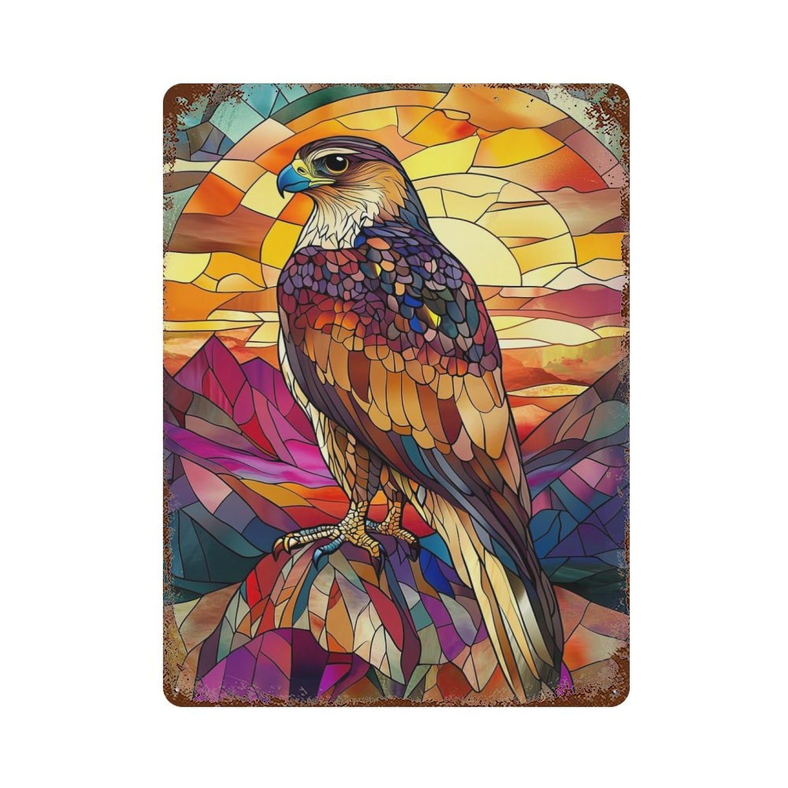 Garage Style Stained Glass Falcon Vintage Rust Metal Sign 15.7"x11.8", Vintage Wall Decor for Bar And Workshop