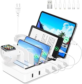 Fast Charging Station for Multiple Devices, 50W 6-Ports USB Charging Station with10-Slot, Sturdy Dividers, Watch Holder, Compatible with Phone/iPad/Kindle/Tablet (6 Short Cables Included)
