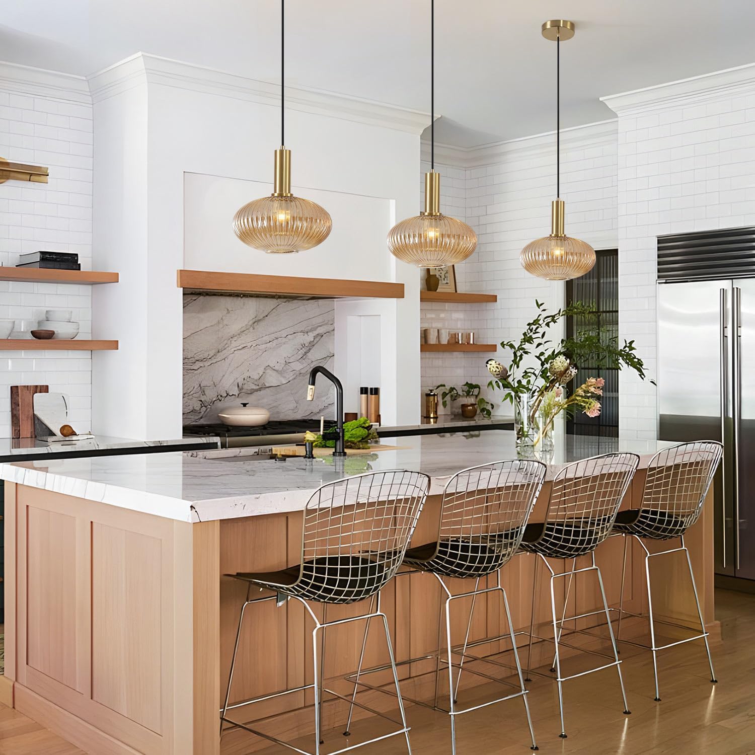 BOKT Mid Century Milk Glass Pendant Hanging Light Kitchen Island 1-Light HangingLight Amber Glass Ball Pendant Chandelier Lamp Nordic Ribbed Ceiling Lamp Dining Room Brushed Gold Lights