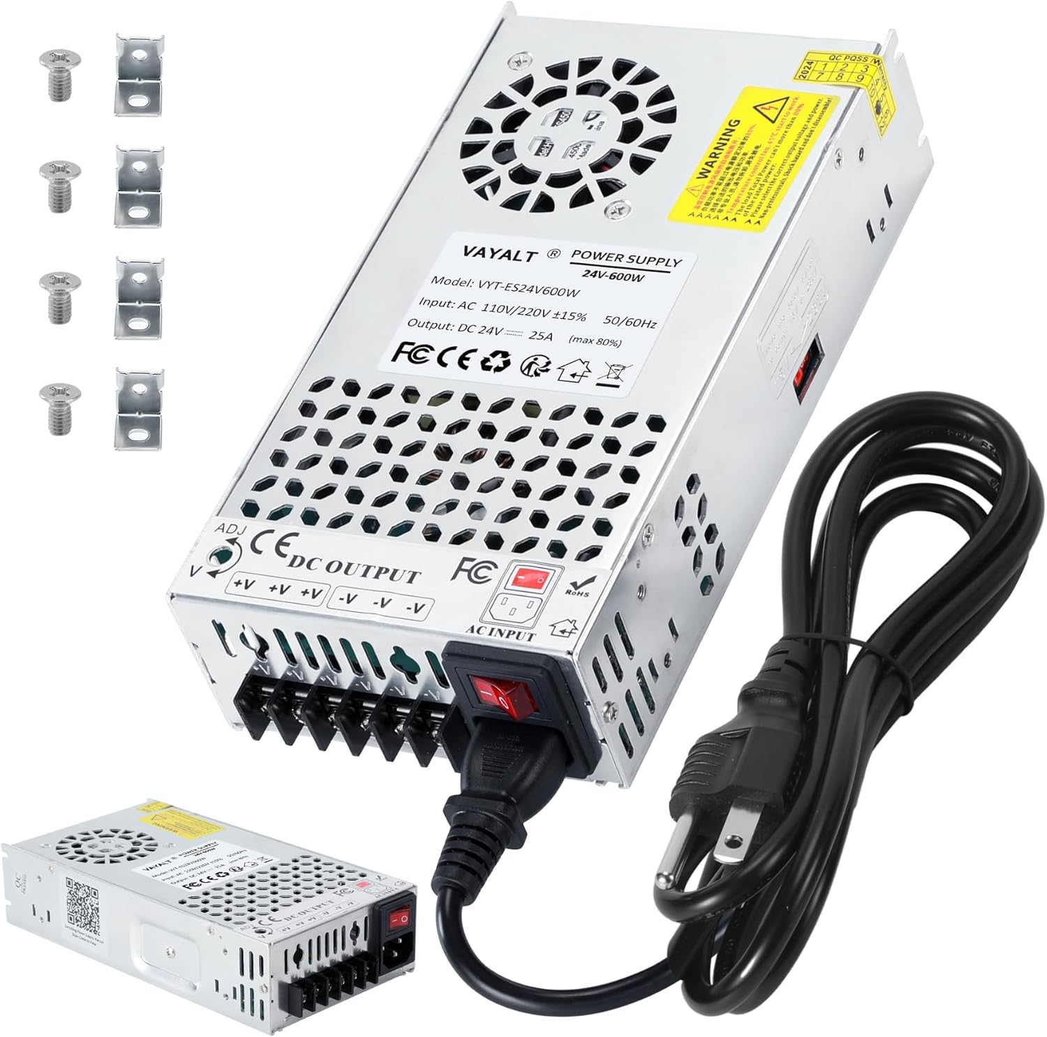 VAYALT 24V 25A 600W DC Switching Power Supply, Universal Regulated Switching AC 110V/220V to DC 24V Transformer, 24V Power Supply for Industrial, CCTV, Computer Project, 3D Printer, LED Strip Light
