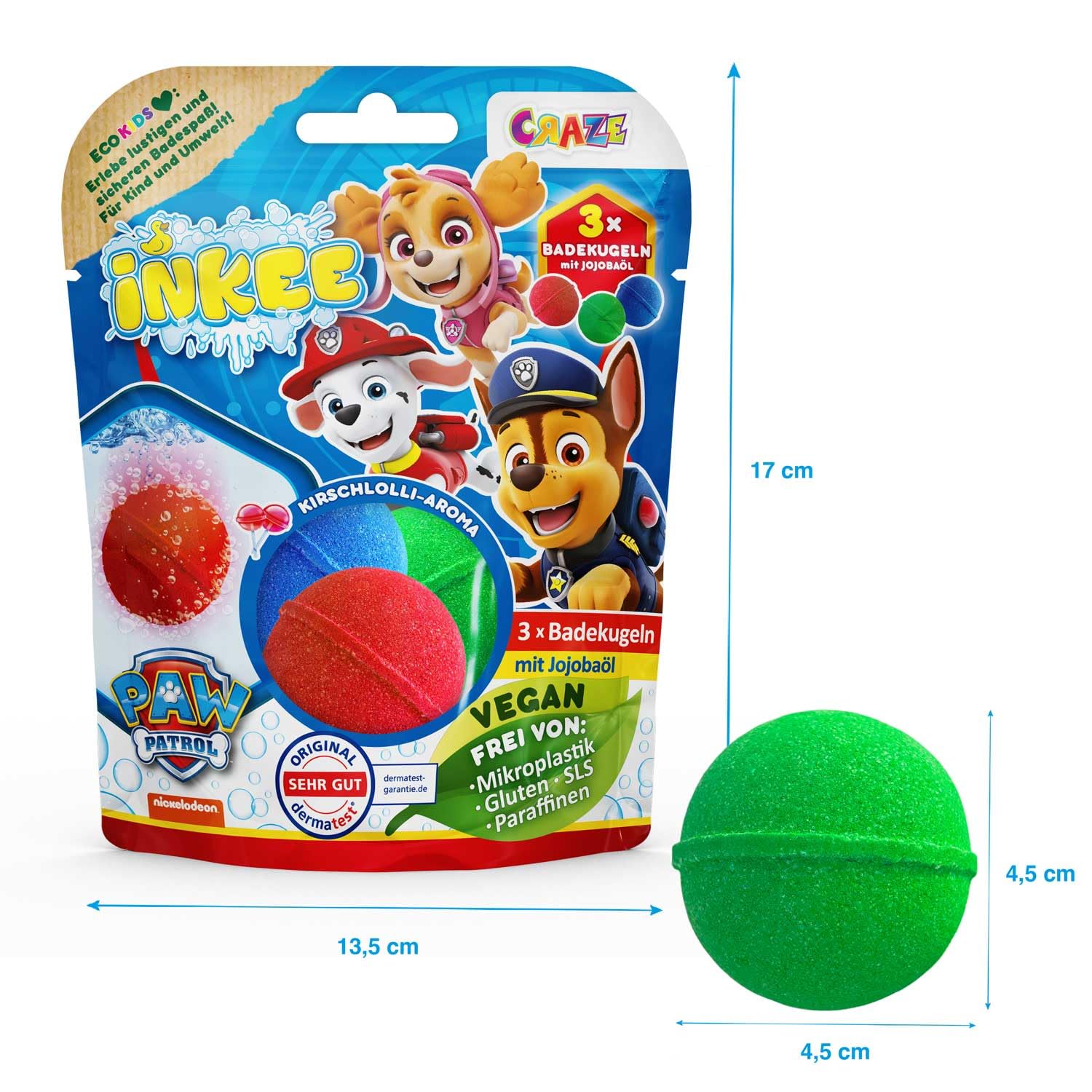 INKEE Paw Patrol Bombe da Bagno Bambini 3 Pezzi – Colorate con Aroma Ciliegia e Olio di Jojoba – Bath Bomb Naturali per Vasca – Adatte a Bambini dai 3 Anni
