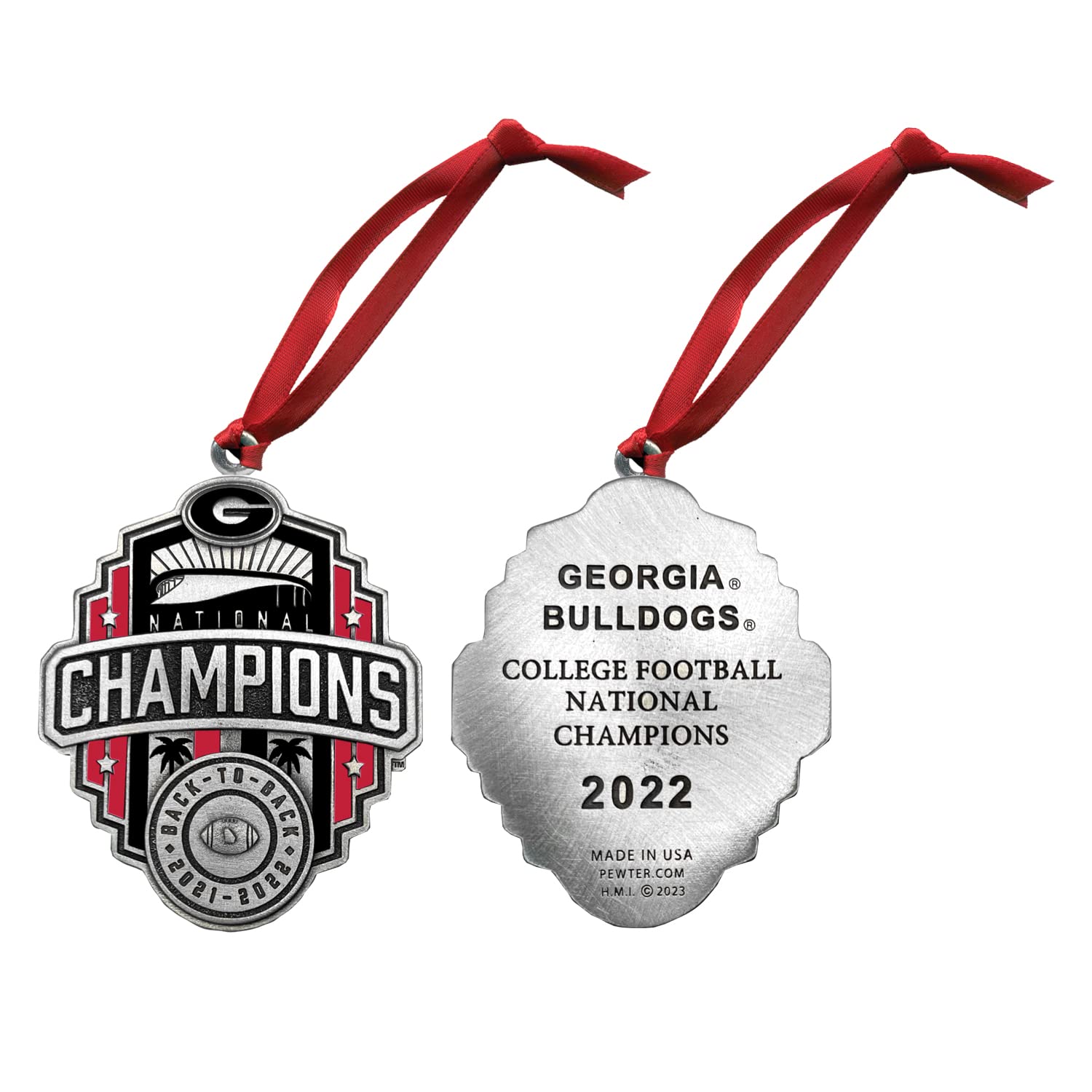 2022 Georgia Bulldogs National Back to Back Championship Ornament | Hand-Sculpted Christmas Tree Ornament | Intricately Crafted Metal Pewter Alma Mater Inlay