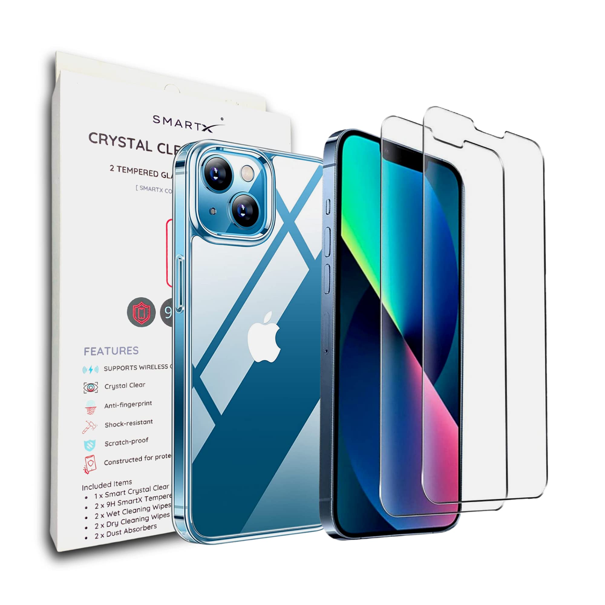 SmartX[3 Pack iPhone 13 Crystal Clear Case Cover With iPhone 13 Tempered Glass Screen Protector For iPhone 13 [Military Grade Ultra Tough Protection] HD Clear 9H Full Protection Kit For Front & Back