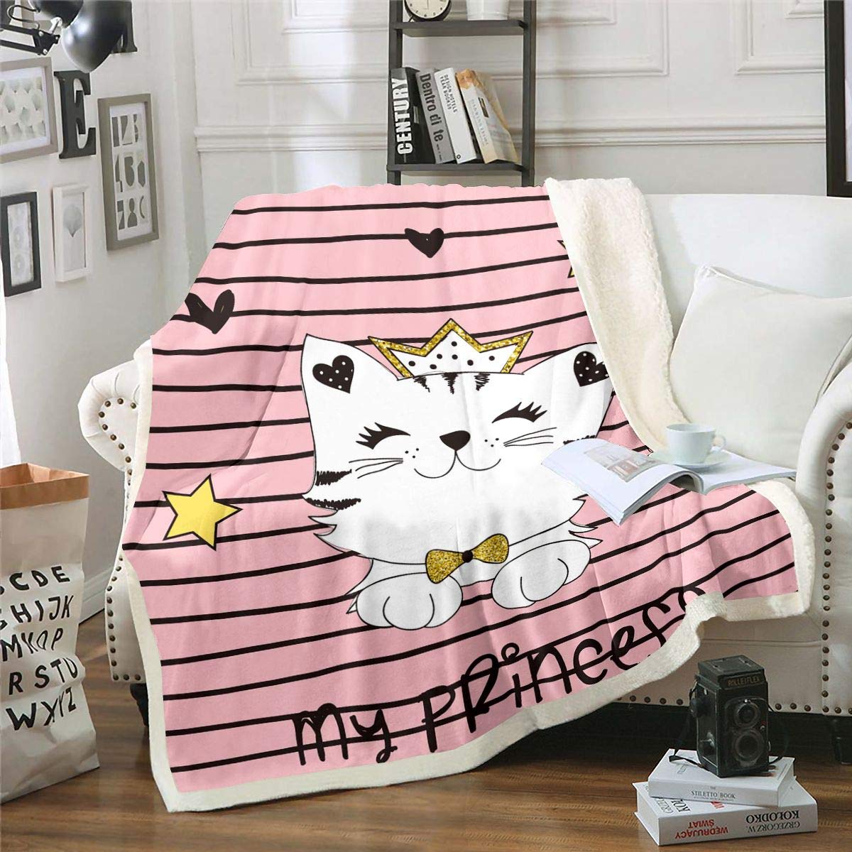 Loussiesd Cute Cat White Pet Cats Throw Blanket for Sofa Couch Bed Cartoon Animals Plush Blanket Princess Style Pink Black Stripes Room Decor Baby 30"x40"