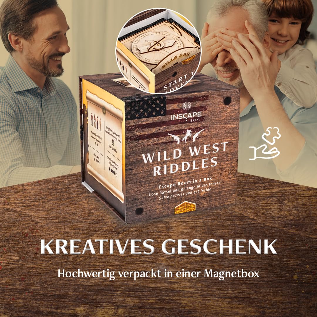 INSCAPE Wild West Riddles- Rätselbox Holz - Puzzle Box - Escape Room Spiel Erwachsene und Kinder - Knobelspiele für Erwachsene - 3D Holzpuzzle - Cluebox - Denkspiele