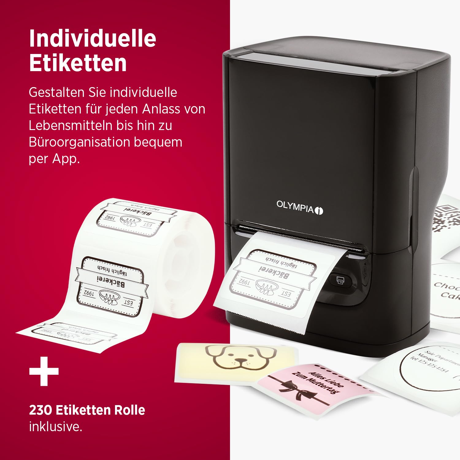 Olympia Etikettendrucker PM220 Schwarz | Bluetooth Etikettendrucker Selbstklebend für Zuhause und Unterwegs | Tragbarer Thermotransferdrucker für Wasserfeste Etiketten | Mobiler QR Code Label Printer