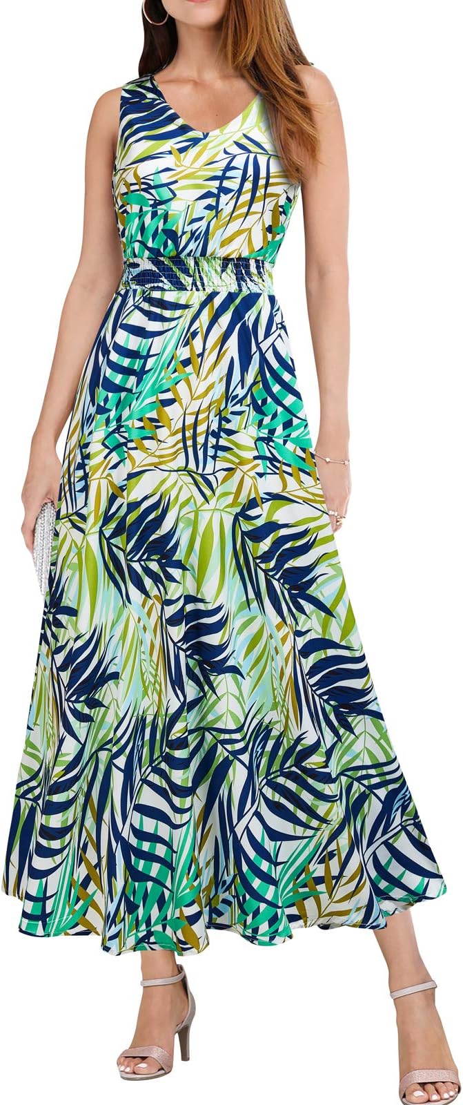 REPHYLLIS Women's Summer Boho V Neck Vintage Print Floral Maxi Beach Long Dress