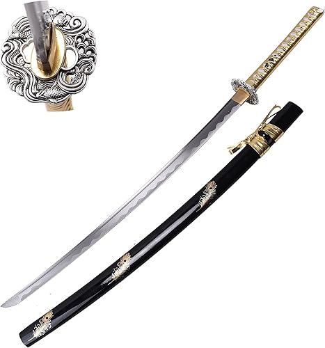 Miniatura 2 de Espada katana samurái japonesa hecha a mano de espiga completa, arcilla forjada, acero 1095 templado con plata Tsuba de color dorado, cuerda Sageo