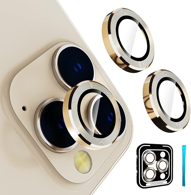 CloudValley Camera Lens Protector for iPhone 14 Pro (6.1 inch) and iPhone 14 Pro Max (6.7 inch), 9H Tempered Glass Metal Ring Camera Cover Film [Case Friendly Anti-Scratch High Definition], Gold
