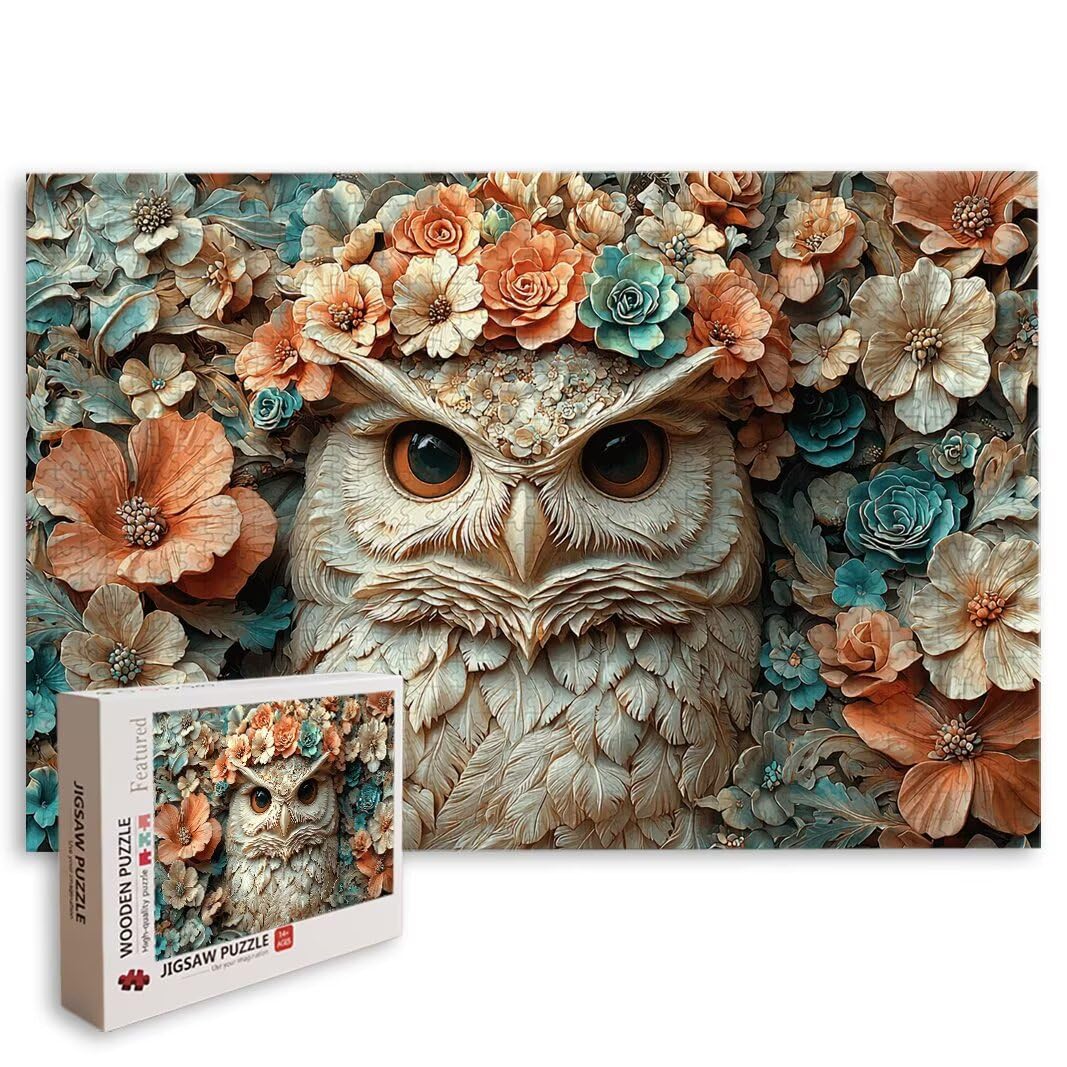 Puzzle 1000 elementów, sowa dla dorosłych, drewniane puzzle na prezenty
