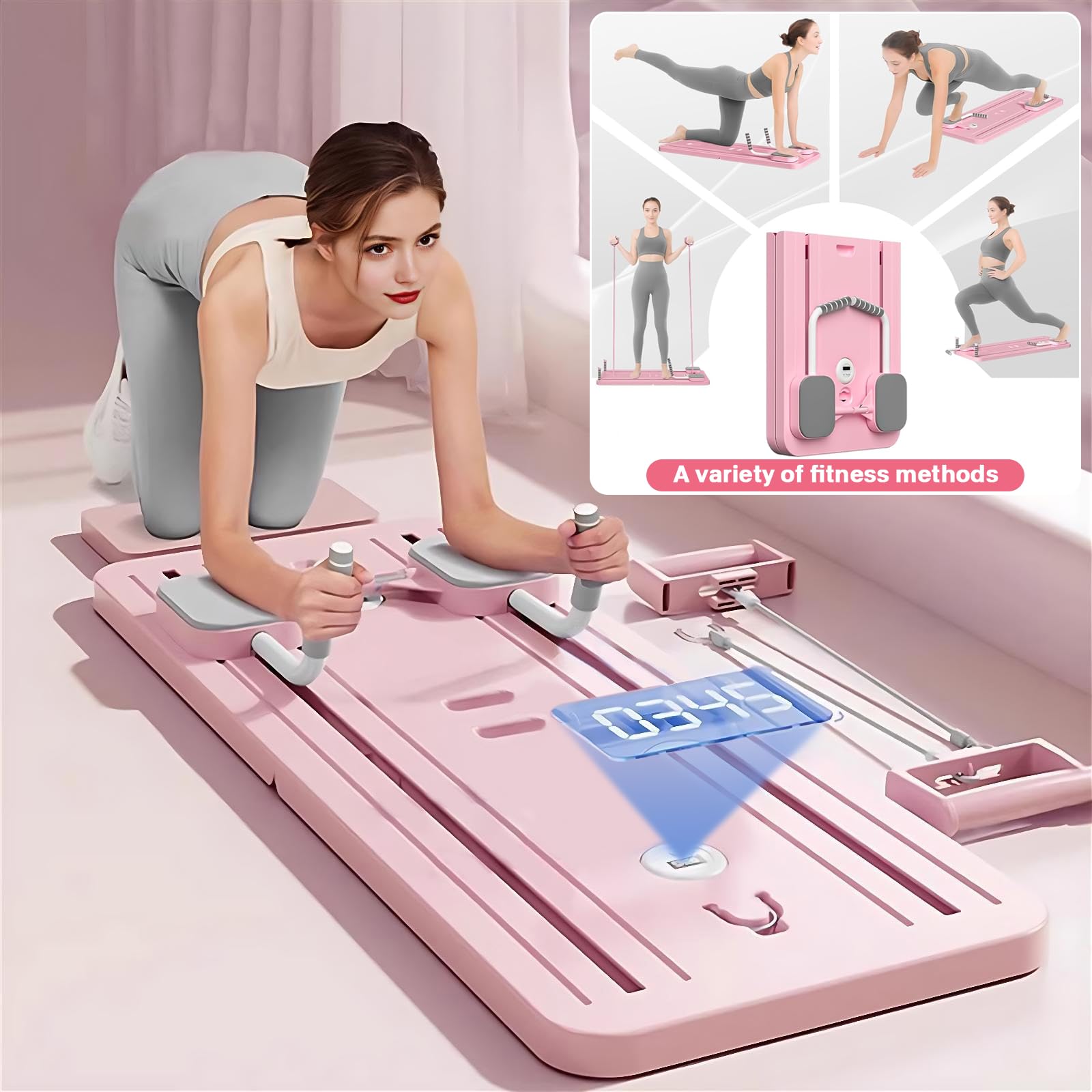 VHV Pilates Reformer Compact, 5 en 1 Pilates Pliable,La Roue Abdominale Push-up rebondit automatiquement Minuterie,Planche Abdominale Pilates Multifonction pour la Maison et la Salle de Sport