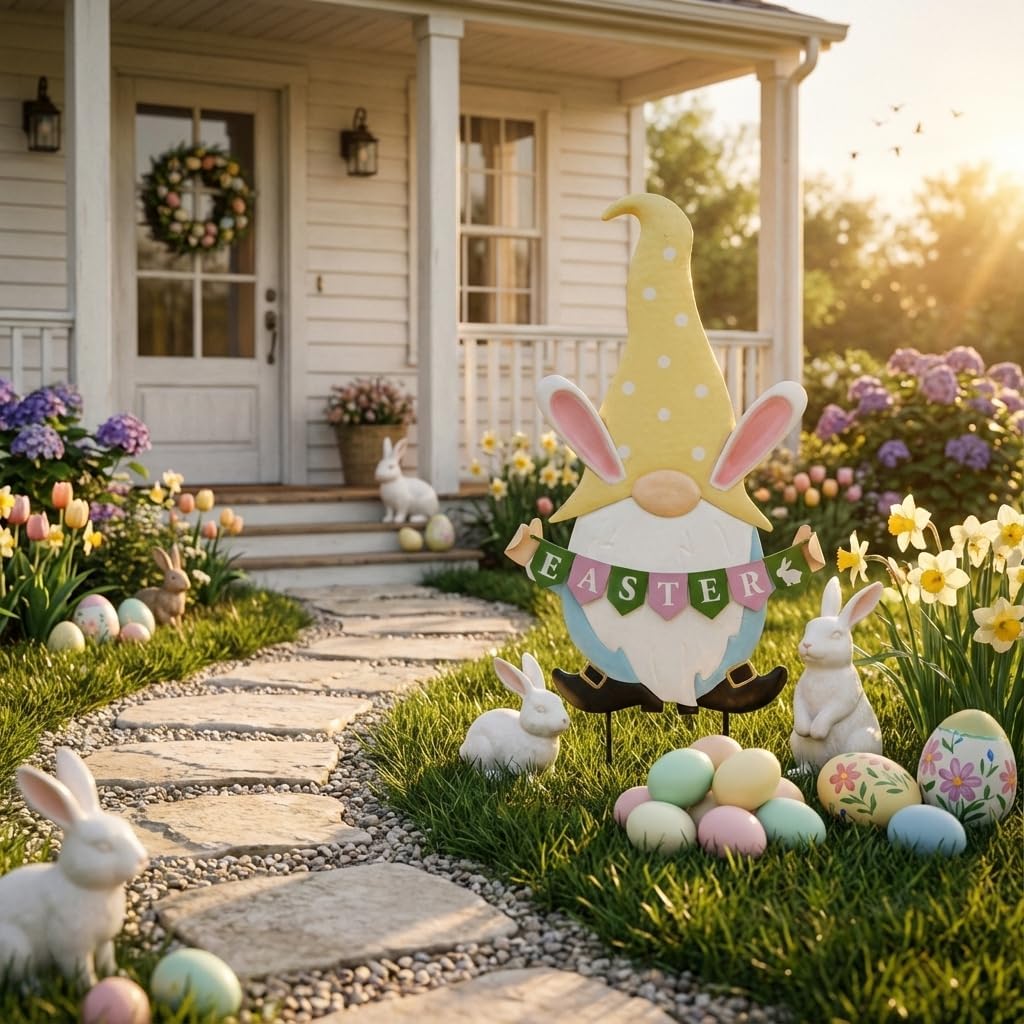TERESA'S COLLECTIONS Easter Decorations Outdoor for Home, Metal Garden Gnomes Decor Yard Stakes, Pink & Blue Egg Rabbit Garden Stakes Gifts, Welcome Yard Signs for Outside Lawn Porch Patio