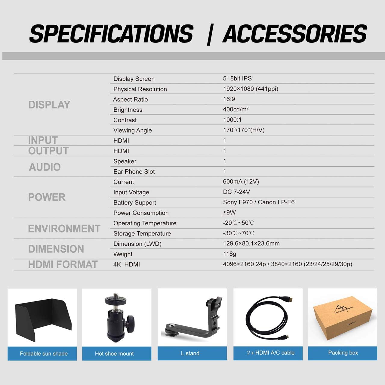 Lilliput A5 5 inch 1920x1080 HD 441ppi IPS DSLR Screen Camera Field Monitor 4K HDMI Input output Compatible with Canon Nikon A7 A7S III A9 Panasonic GH5 GH5s Zhiyun Crane 2 M TILTA G2X DJI Ronin-S