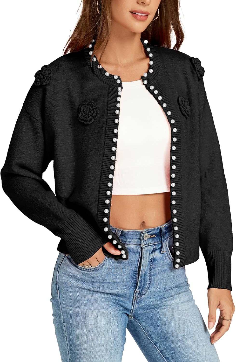 Women's Pearls Open Front Cardigan Sweater Casual Knitted Long Sleeve Floral Embroidered Outerwear Coat - Image 4