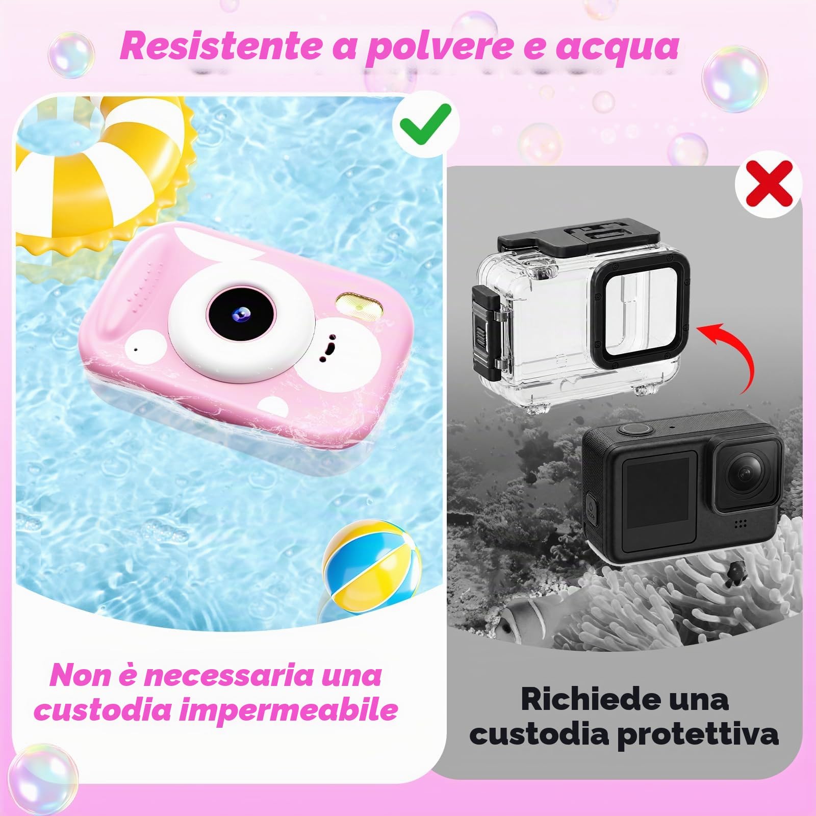 Fotocamera per Bambini, 48MP 1080P Macchina Fotografica Subacquea Impermeabile Digitale Bambini con 2,4 Pollici Schermo Scheda TF Flash LED, Regalo Giocattolo per Bambina e Bambino 3-12 Anni, Rosa