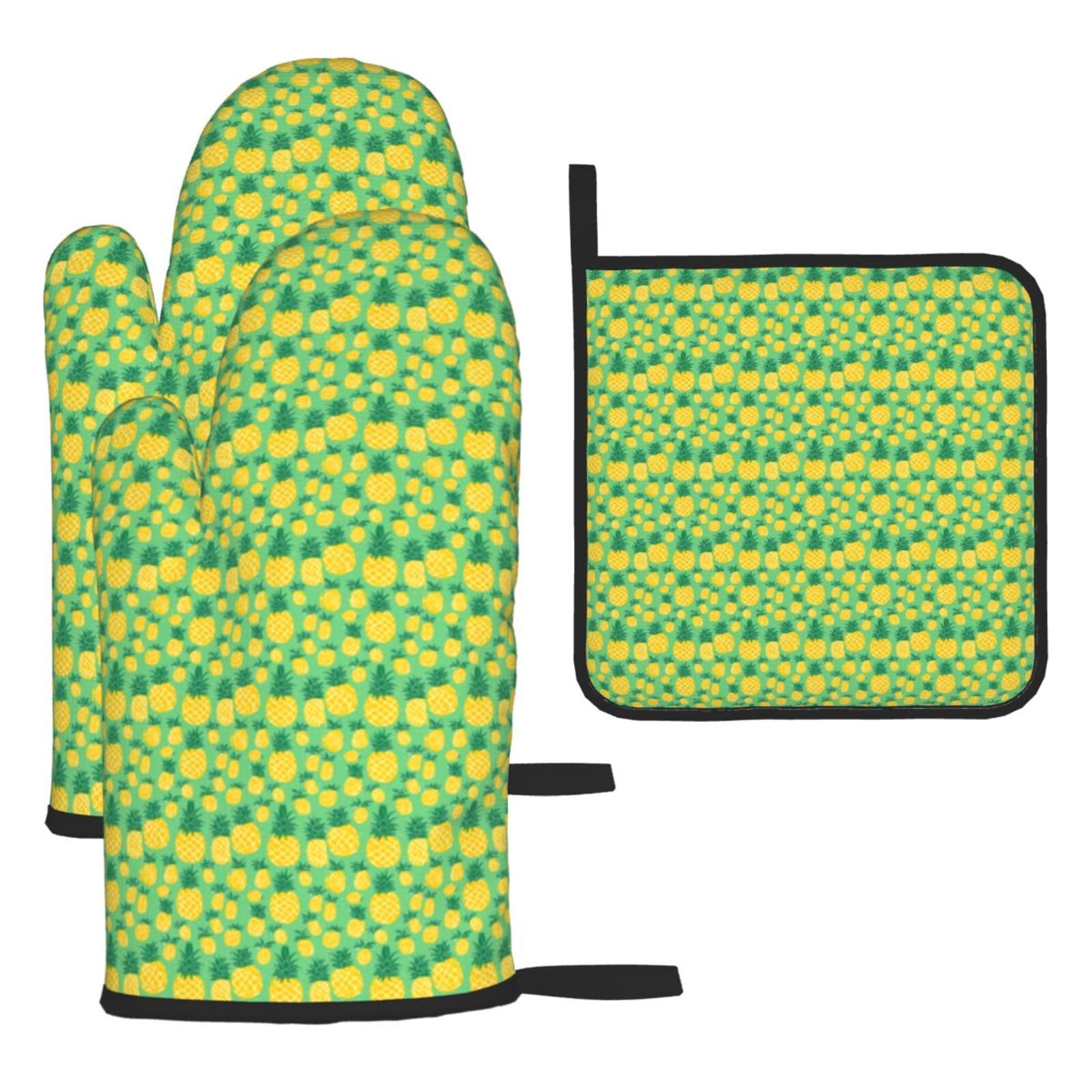 Gold Pineapple Background Print Oven Kitchen Gloves For Baking Outdoor Grilling Home Use Mitts Microwaving Bbq