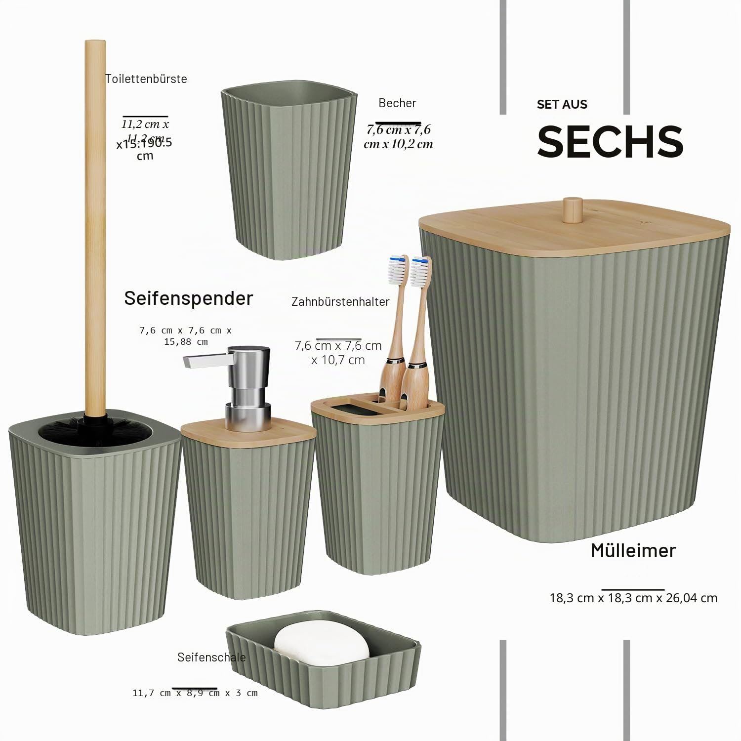 Clara Clark Badezimmer-Set – Salbeigrün Badezimmer-Zubehör-Set, 6-teiliges Badezimmer-Zubehör-Set, Badezimmer-Sets mit WC-Bürste, Mülleimer und Seifenspender
