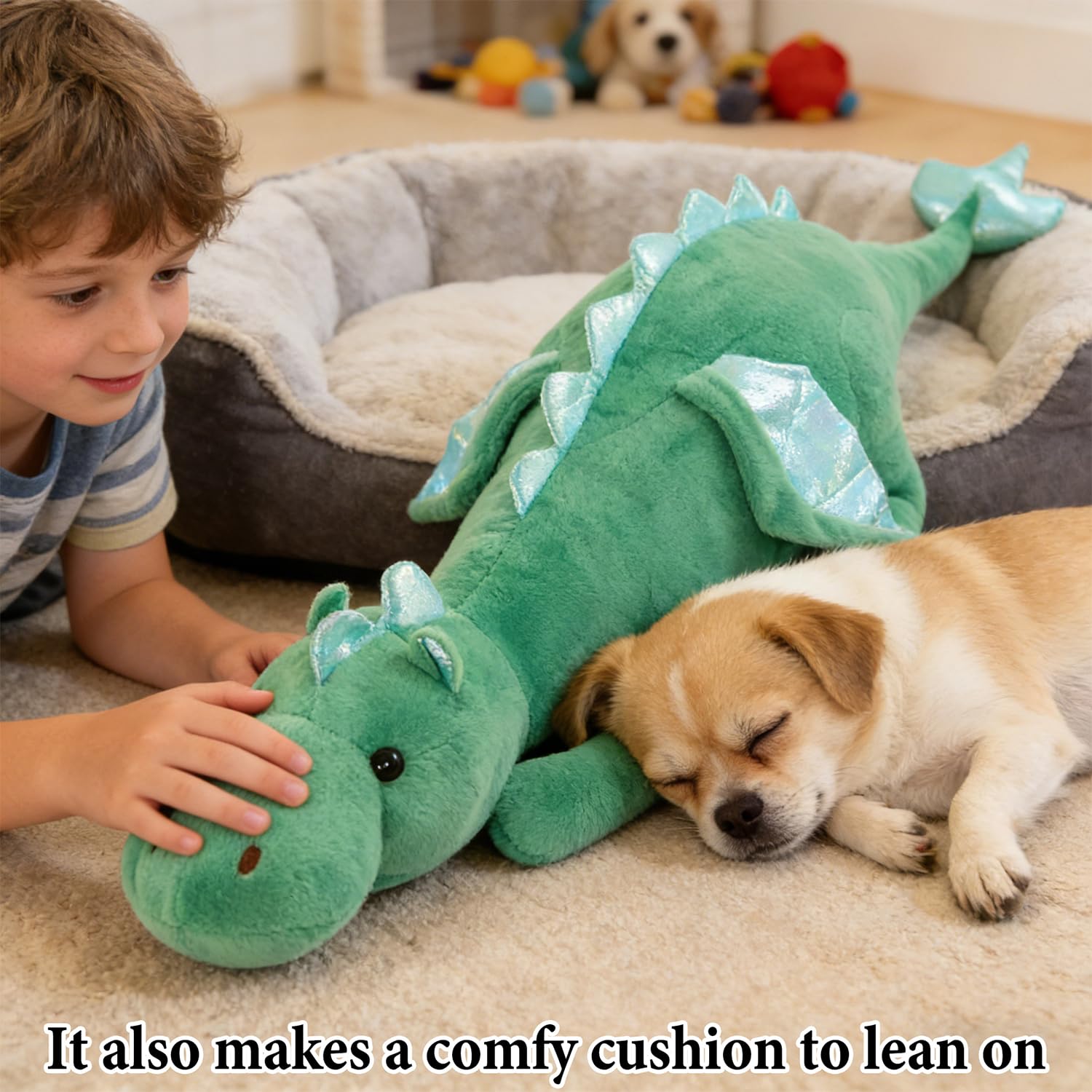 Peluche Dragón Recostado 60cm, Dragón Cordero Super Suave, Almohada Infantil Forma Dragón Rosa&Verde, Juguete Peluche Niños Niñas (Verde) — view 4