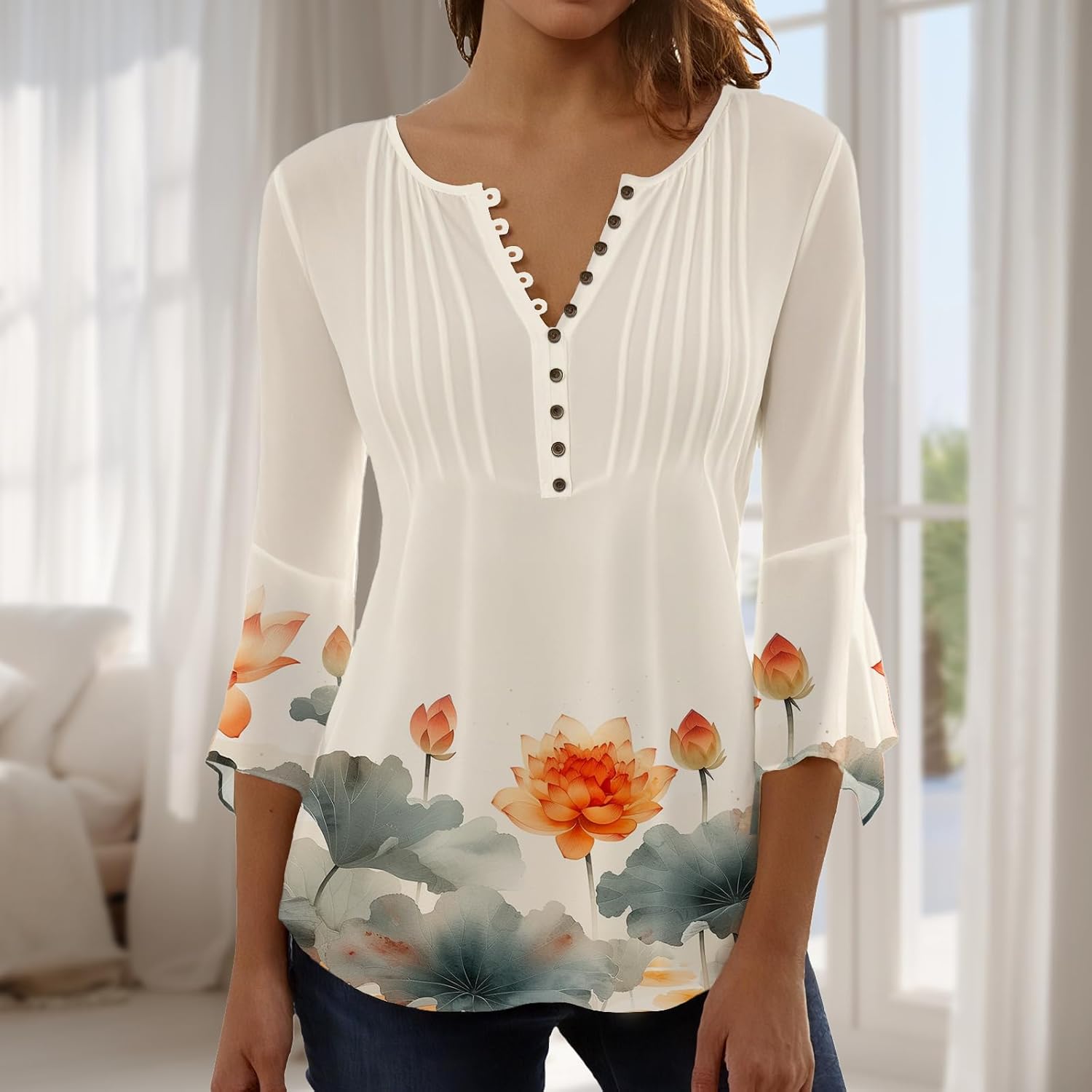 Trendy Tops for Women 3/4 Length Sleeve Button Up Pleated V Neck T Shirts Comfy Boho Floral Casual Blouse - Image 2