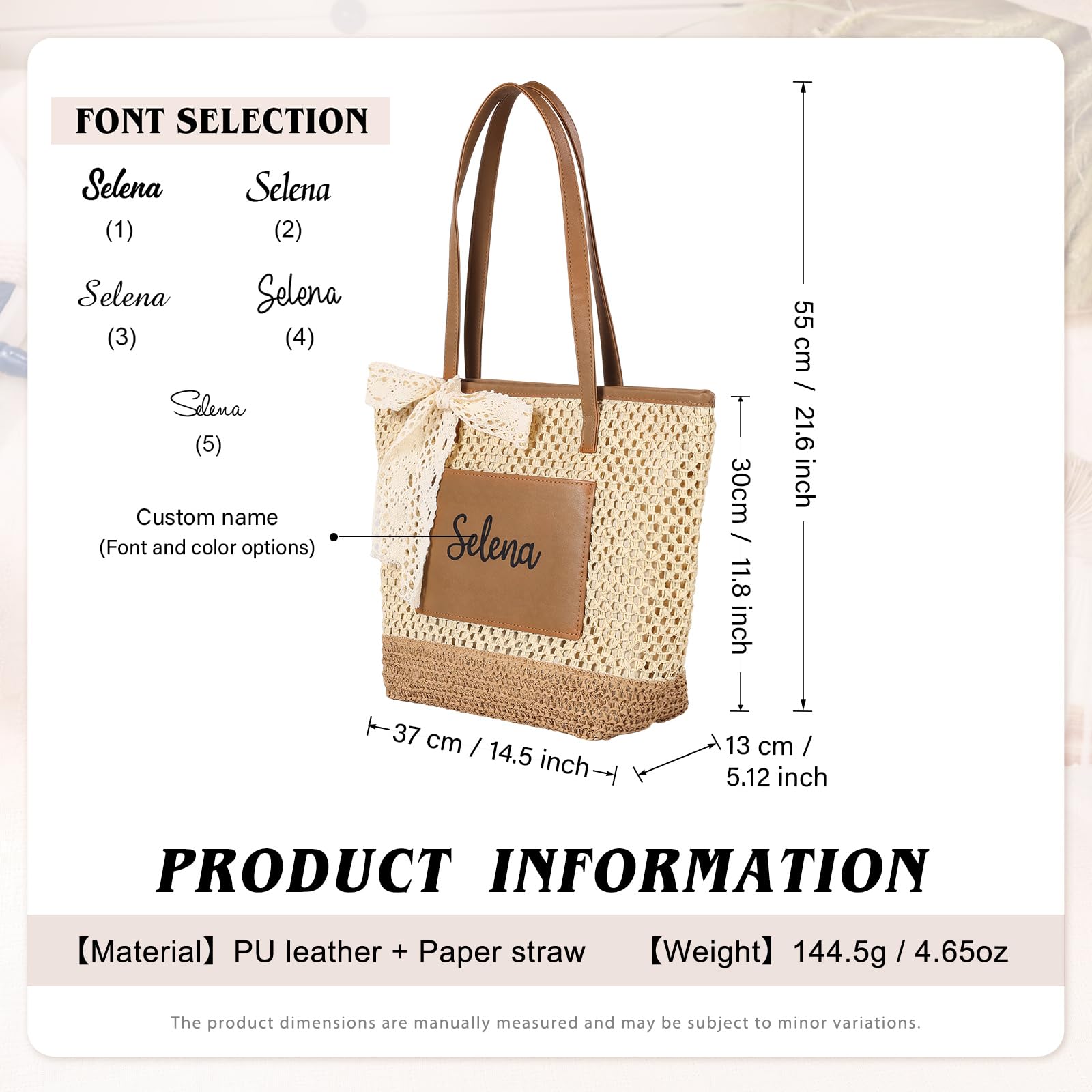 Sac de Plage Personnalisé Femme Sac Cabas Paille avec Prénom Grand Sac Tote d’Été Porté Épaule pour Plage Voyage Shopping