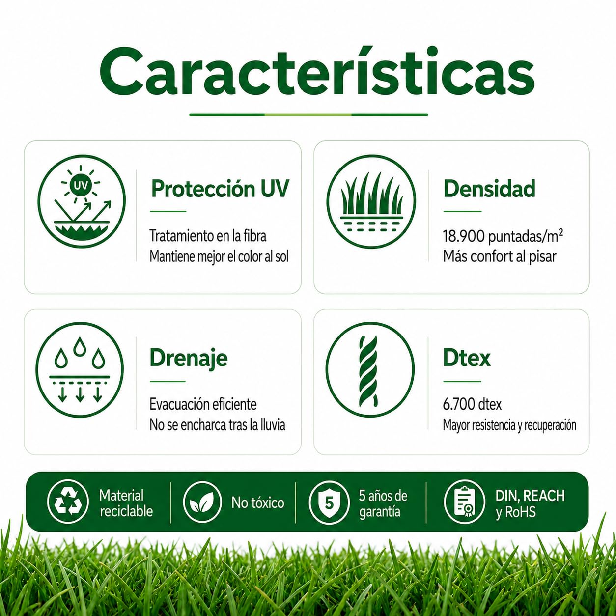 Césped Artificial Premium 35mm, Rollo 2x5m Modelo California, 18.900 Puntadas, 6.700Dtex. Máximo Realismo, Alta Densidad, Ideal para Exteriores, Piscinas, Terrazas y Jardín
