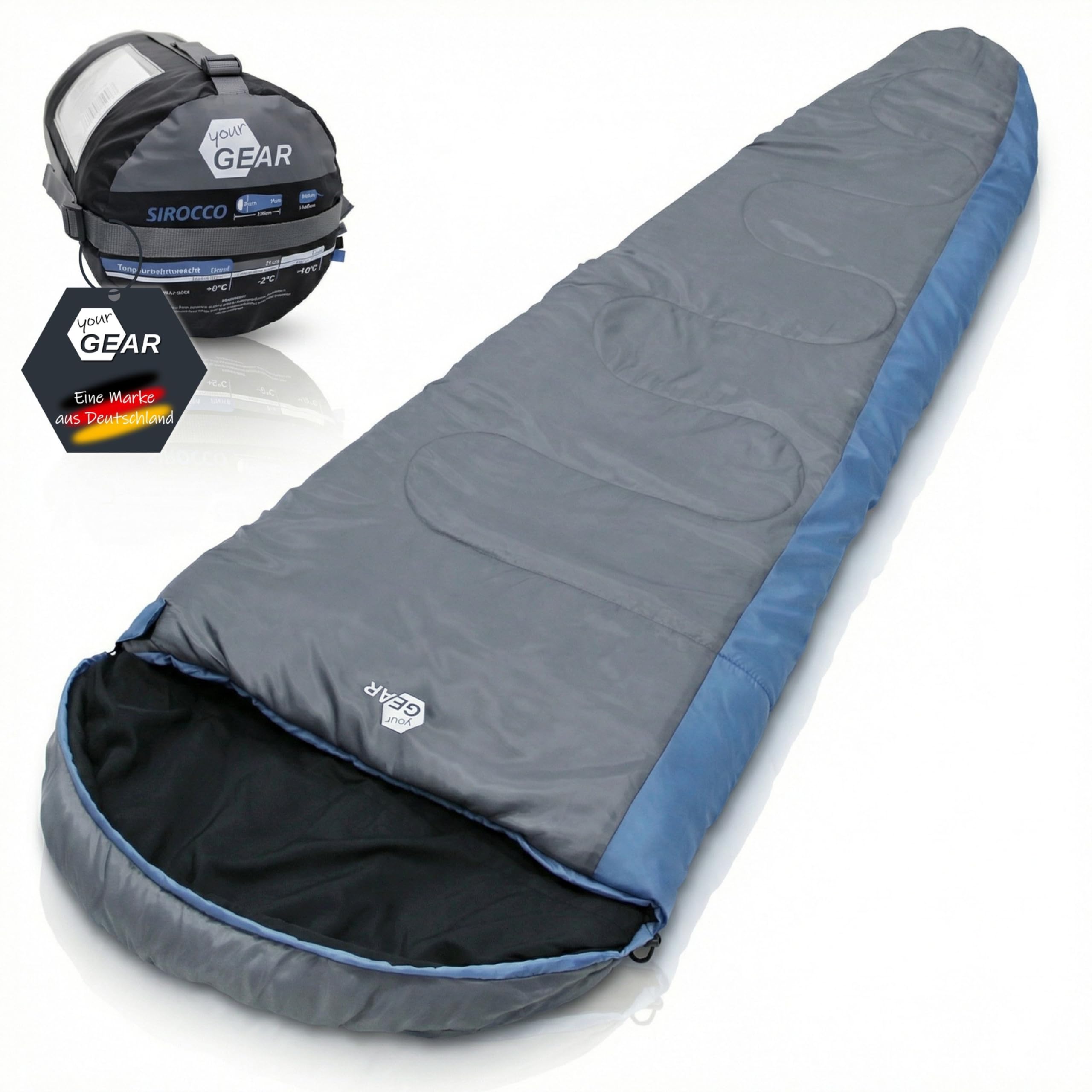 yourGEAR Saco de Dormir Sirocco -18°C Confortable Saco de Dormir para Momias 230x80 cm 3-4 Estaciones Azul Gris Extra