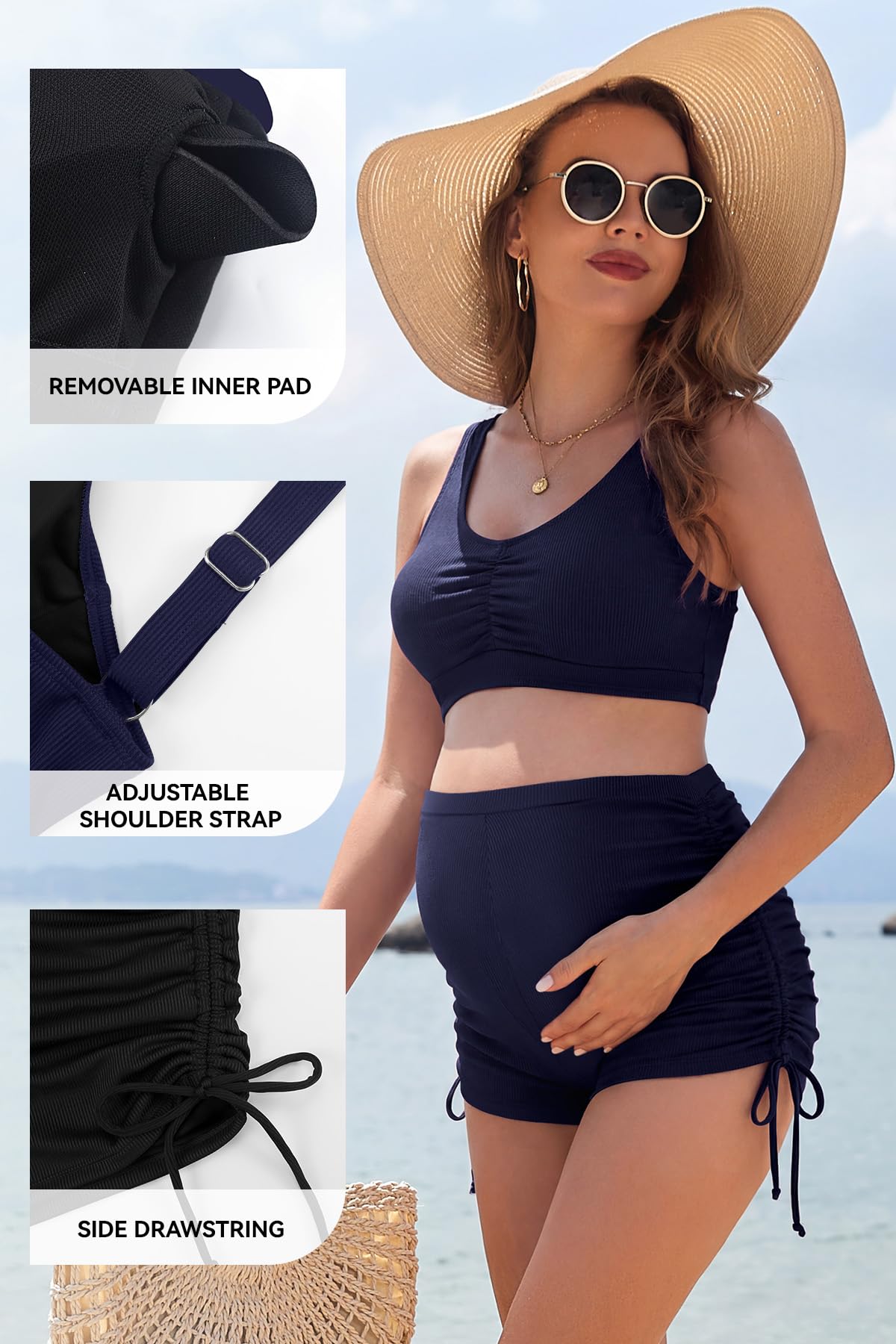 SHEKINI Costume da bagno premaman da donna, bikini con scollo a V, imbottito, con coulisse laterale increspata