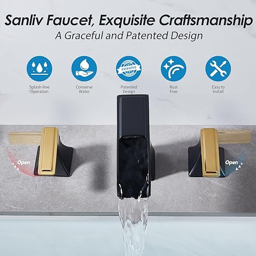 Miniatura 3 de Grifo de baño generalizado de 3 agujeros, cascada negra y dorada, grifo de lavabo de baño central de 4 pulgadas con drenaje desplegable y líneas de