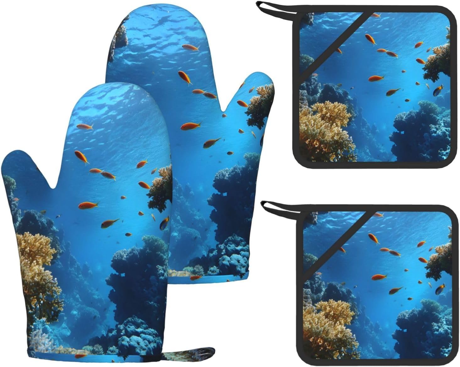 Small Fish 4pcs Oven Mitts and Pot Holders Sets for Kitchen, Silicone Oven Gloves Non-Slip Potholders Hot Pads for Baking Cooking