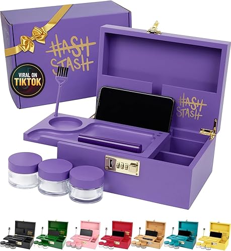 Miniatura 16 de HASHSTASH La Caja de Almacenamiento OG - Caja Grande de Bambú con Cerradura de Combinación, Tapa Magnética, Bandeja Organizadora, Tubo Hermético y 3