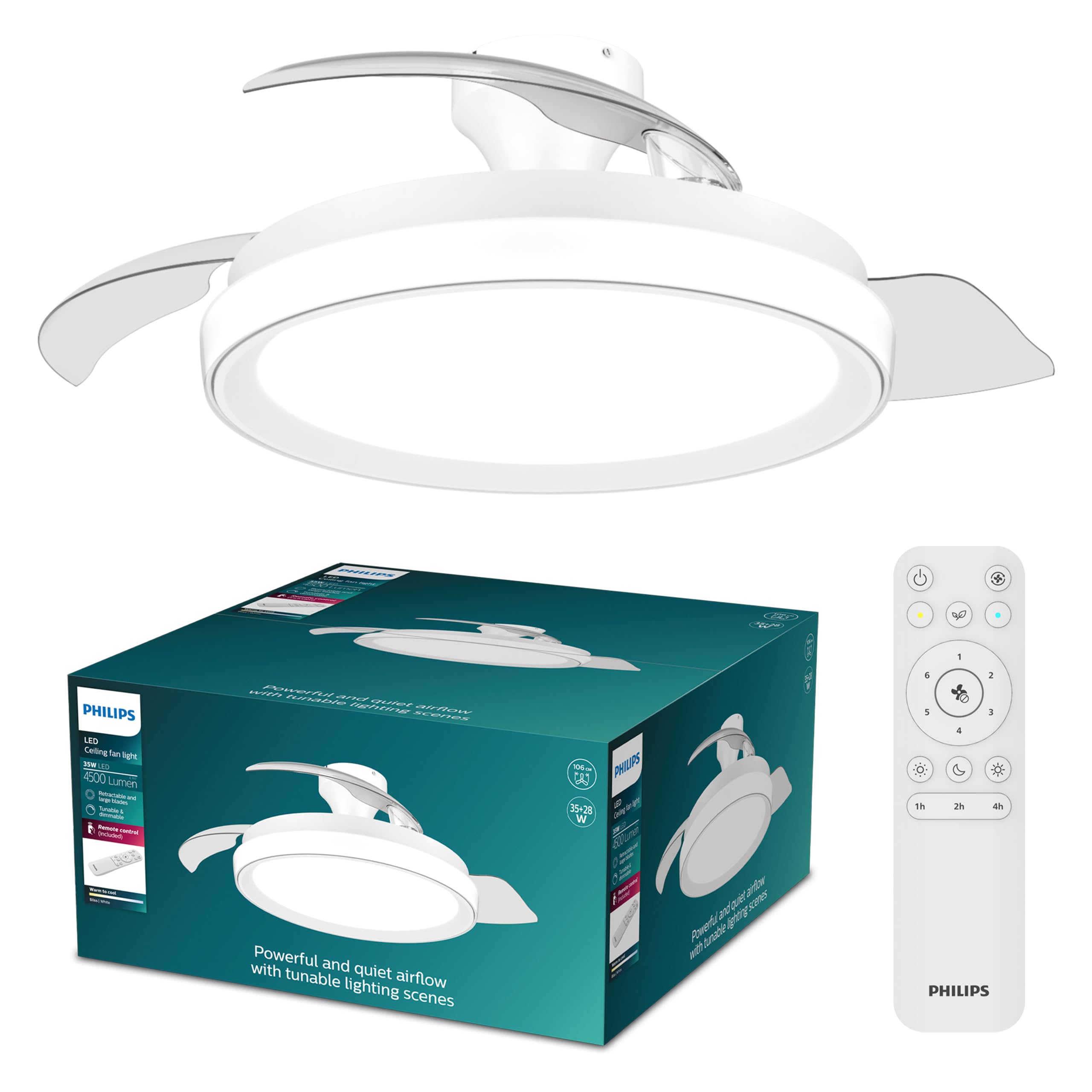 Chowany Wentylator Sufitowy Philips Bliss z Oświetleniem LED, 3 Łopatki, 106 cm, 4500 Lumenów, Regulowana Barwa 3000–6500 K, Przyciemnianie do 5%, Pilot, Biały