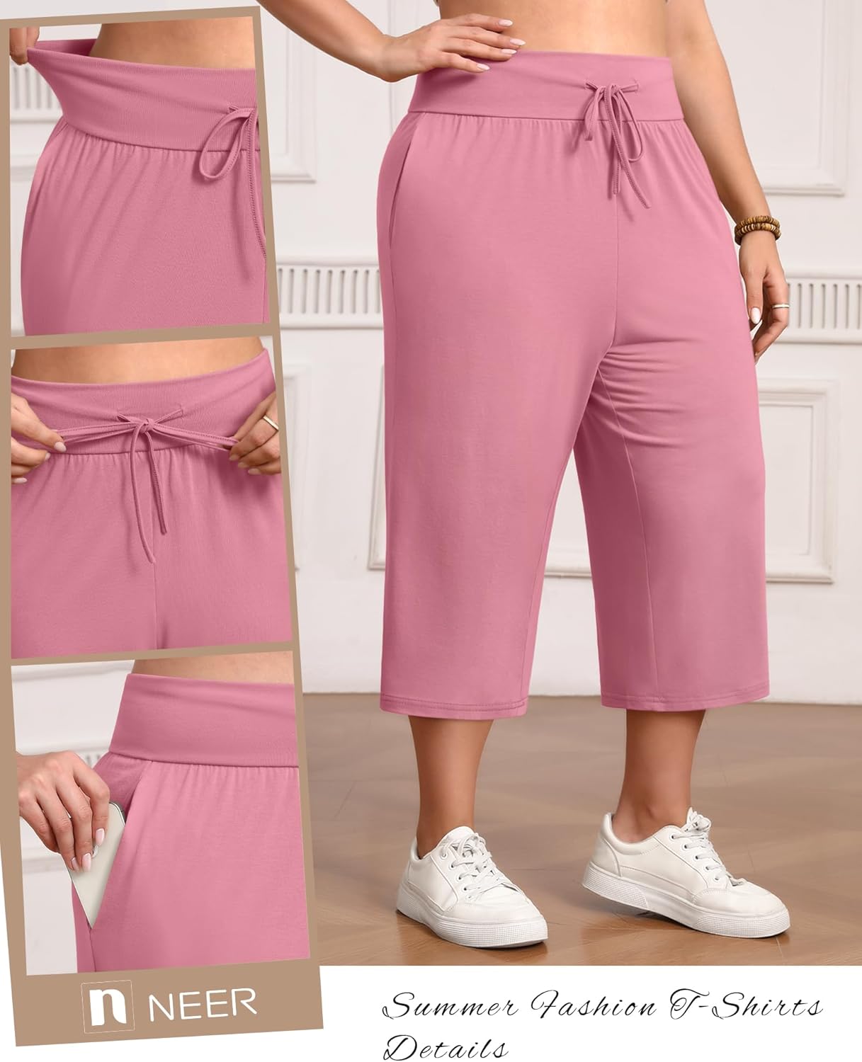 Neer 3 Pack Women's Capris Plus Size Yoga Lounge Pants Wide Leg High Waist Drawstring Cropped Sweatpants with Pockets - Image 3