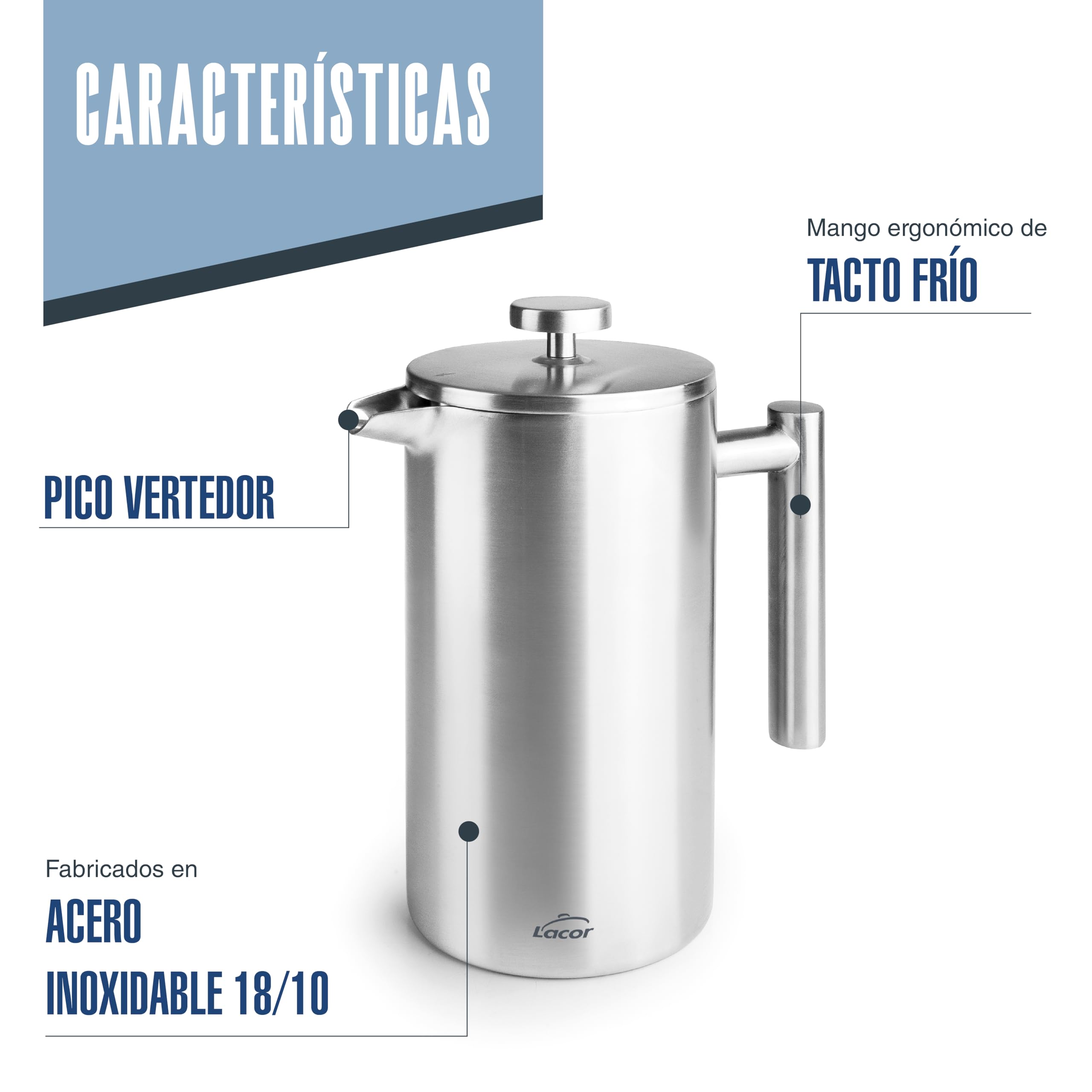 LACOR 62141 - Cafetera Francesa Manual, Doble Pared Acero Inoxidable | En acero inoxidable, para un café intenso en casa; doble pared aislante, agarre ergonómico, práctico y fácil de guardar