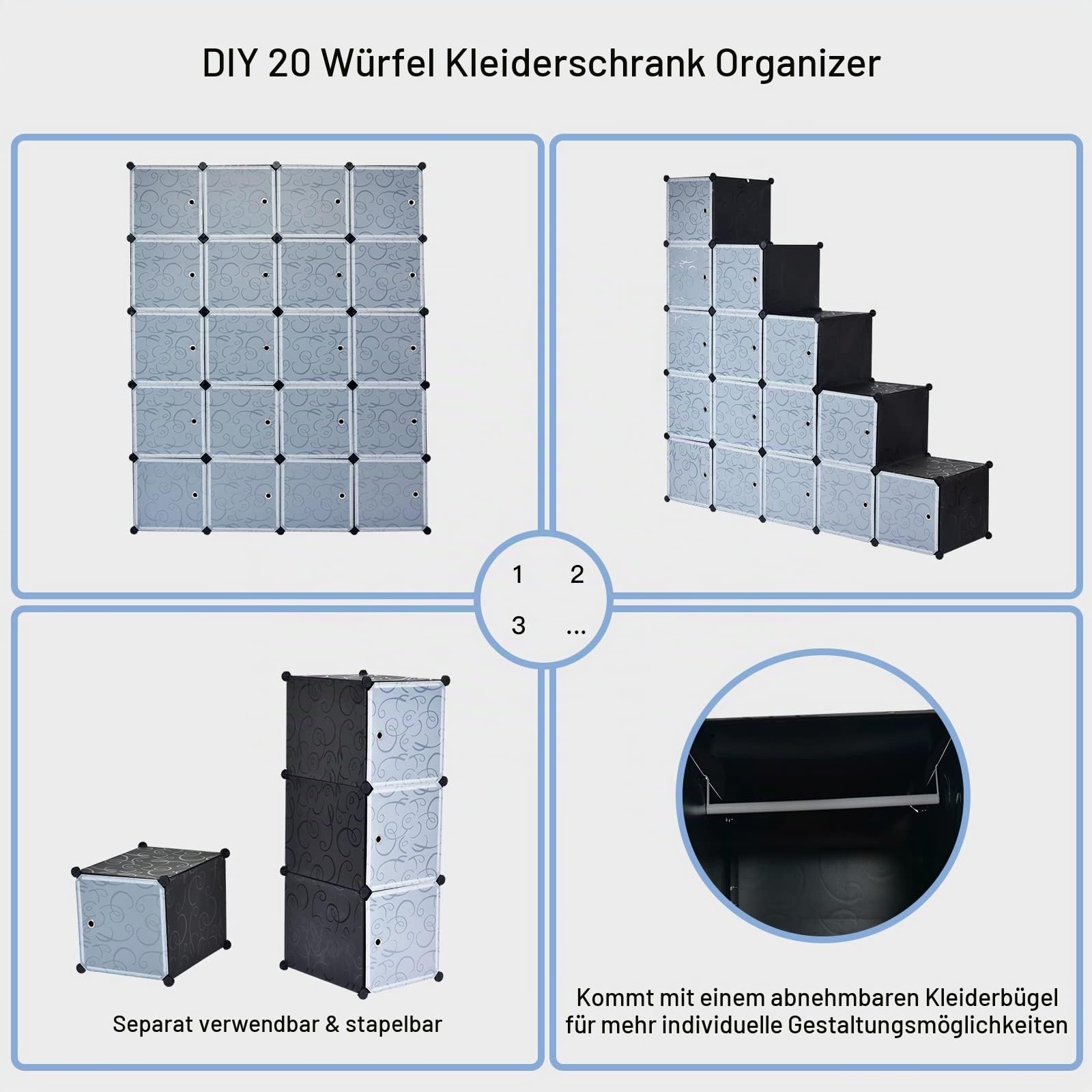 GIANTEX Steckregal Regalsystem mit 20 Würfeln, Kleiderschrank Aufbewahrungsschrank modularer Organizer aus Kunststoff, Würfelregal stapelbar mit Kippsicherung, 145x47x180 cm